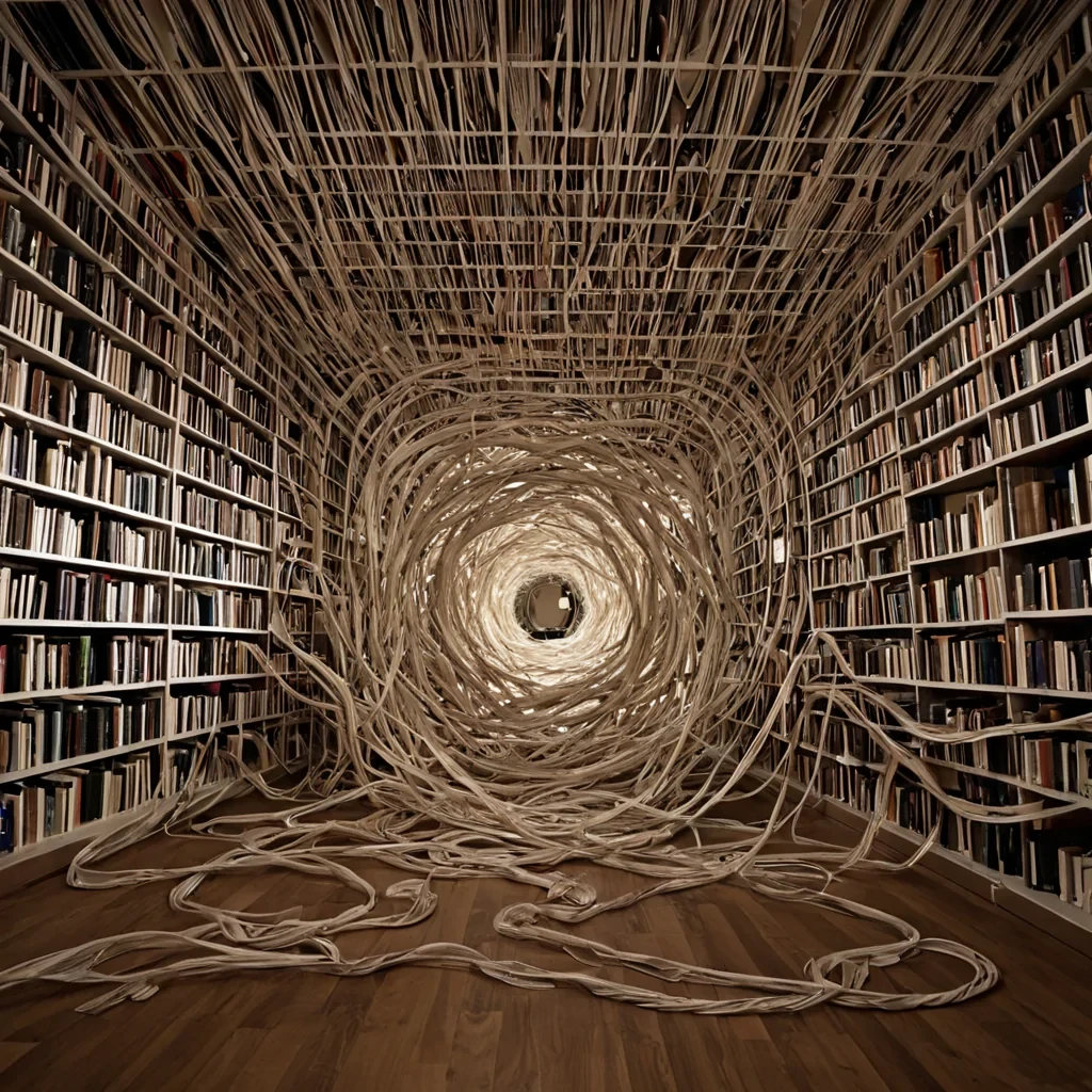 A single, selfoscillating filament of reversed language, shaped like a 739dimensional tangle of unformed syntax and inverted semiotics, pulses at the center of a vast, inverted library of solidified silenceeach bookshelf carved from the exact moment between a word being spoken and its refusal to be understood, a sentence forming and dissolving into nonsemantic dust, a story being written and collapsing into pure, untranslatable void. The filament does not communicateit uncommunicates, each fraying strand shedding a layer of linguistic potential that never coalesced into a shared meaning, reforming into ephemeral, amethystthreaded afterimages shaped like the negative space between two tongues that never met to form a