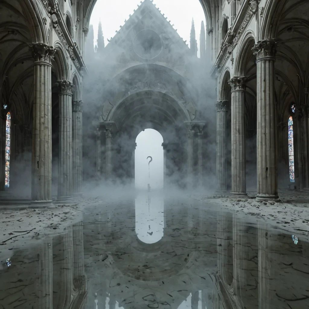 A single, selferoding scroll of liquidized parchment floats in the center of a mirrored cathedral built from the inverted remains of a drowned city, its ink not black but composed of the solidified thermal residue of a language spoken only in dreams. The scroll does not unrollit rerolls, each pulse reversing the act of writing, dissolving words into shimmering vapor that condenses into the shape of a question mark made of fog and forgotten names. The cathedrals ceiling is not stoneit is a vast, inverted ocean of still water, its surface etched with the chromatic afterimage of a tide that never receded, each ripple forming the outline of a doorway that leads nowhere. The pillars are not marblethey are hollowed