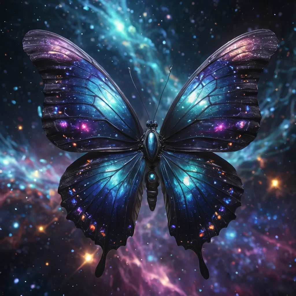 A hyperrealistic, 4K, ultra HD portrait of a quantum butterfly, its iridescent wings shimmering with the colors of a collapsing black hole. The butterflies eyes, a deep, enigmatic indigo, hold the secrets of the multiverse. Its wings, a cascade of shimmering, quantum particles, gently pulse with each beat of its cosmic heart. The background is a surreal, interdimensional landscape of swirling galaxies and floating fractals, with the distant hum of cosmic phenomena and the soft glow of quantum entanglement casting an ethereal ambiance. Cinematic lighting accentuates the butterflies otherworldly beauty, while a subtle bokeh effect blurs the cosmic realm, creating an intimate, focused atmosphere.