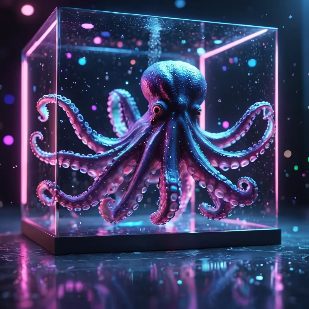 Hyperrealistic neon octopus with reflective metallic legs dancing in a cubic chamber filled with luminescent vapor, holographic droplets drifting in volumetric lighting, dynamic shadows, bokeh effect, vibrant colors, 4K