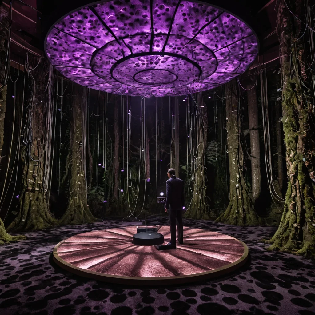 A horizontal, eyelevel wide shot of a colossal, suspended acoustic chamber constructed from interlocking panels of raw, hammered copper and translucent acoustic foam, drifting within the dense, humid canopy of a bioluminescent fungal forest. The interior is illuminated by the soft, rhythmic pulse of neonpurple mycelium networks embedded in the ceiling, casting long, dramatic shadows across the floor, which is covered in a deep, plush carpet of moss. In the foreground, a sound engineer wearing a sleek, formfitting suit of matte grey neoprene with integrated haptic feedback nodes stands before a massive, circular soundboard made of polished obsidian and analog sliders, carefully adjusting the frequency of a single, hovering, spherical resonance generator that emits visible waves