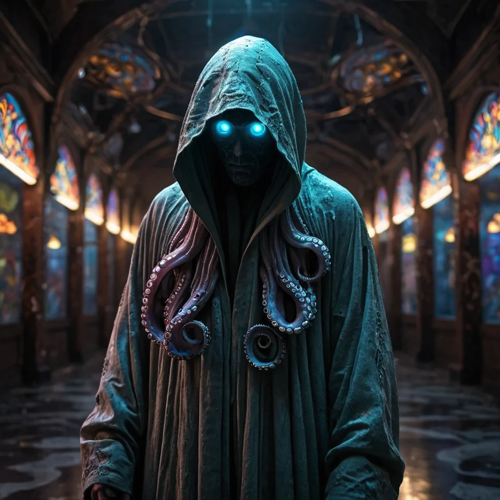 Photorealistic, Ultra HD portrait of a lone, sentient, neonlit holographic octopus, its ethereal form pulsating with intricate, bioluminescent fractal patterns, suspended in the heart of a vast, abandoned, neonlit arcade, with volumetric lighting casting dramatic shadows and emphasizing its dynamic, fluid movements, and a subtle, cool bokeh effect creating a sense of isolation and melancholy, as a spectral, ethereal figure, cloaked in a tattered, hooded robe, stands silently at the edge of the frame, their face obscured by shadows, adding an enigmatic, haunting touch to the otherwise abstract scene.