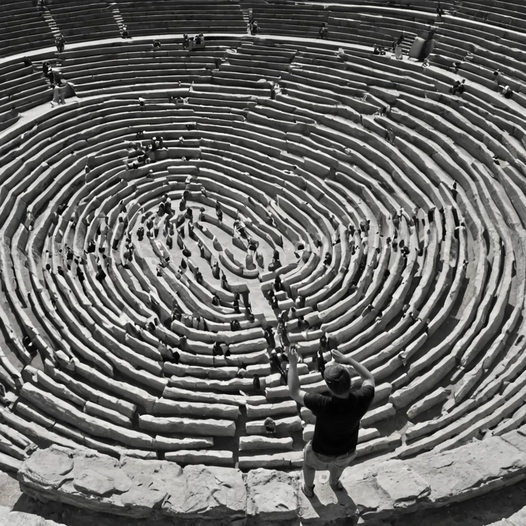 A single, selfoscillating membrane of solidified resonance, shaped like a 43dimensional Klein bottle woven from the inverted frequency of unharmonized laughter and unformed joy, pulses at the center of a vast, inverted amphitheater built from the petrified applause of a civilization that measured celebration through the duration of synchronized, silent clapping of the same unperformed ovation. The membrane does not vibrateit unlaughs, each ripple dissolving a layer of emotional potential that never coalesced into a shared cheer, reforming into ephemeral, amethystthreaded afterimages shaped like the negative space between two hands that never met in the same moment of mutual elation. The amphitheater is not ac