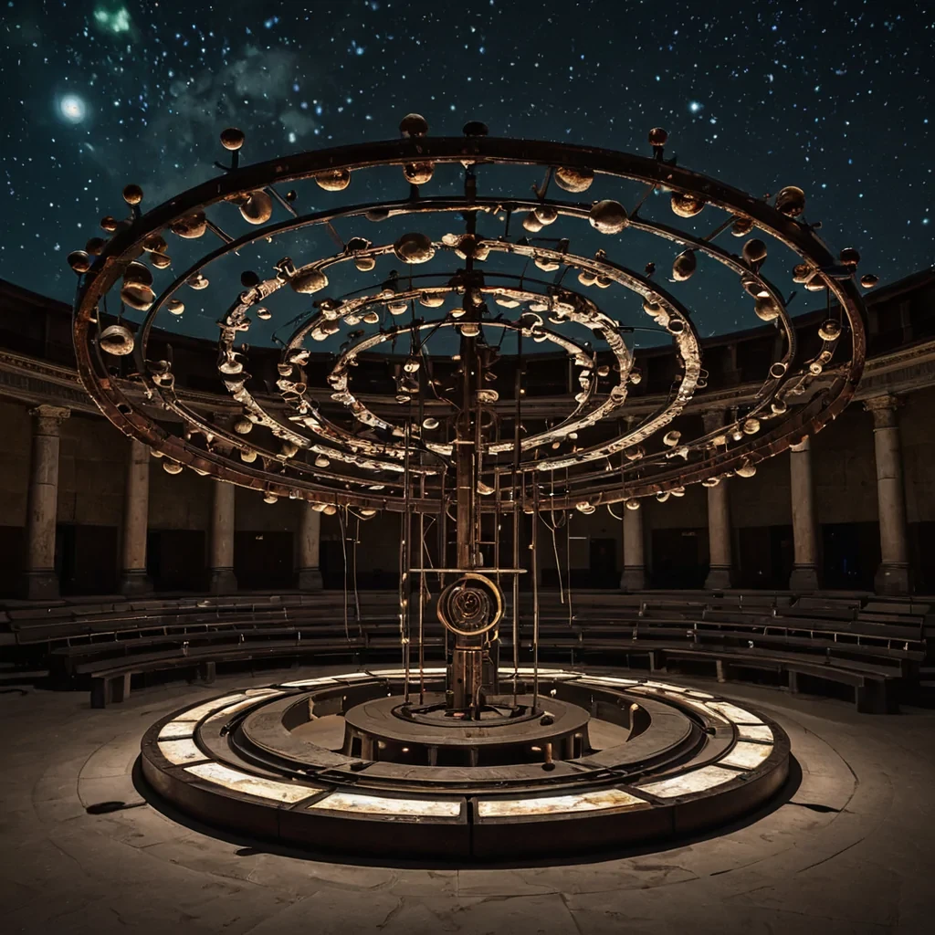 A horizontal, eyelevel wide shot of a vast, circular amphitheater constructed entirely from seamless, polished obsidian that mirrors a surreal, starfilled sky where the constellations are formed by drifting, luminous clouds of iridescent oil slicks. In the center of the arena stands a colossal, intricate mechanical orrery made of rusted bronze gears and suspended brass rings, slowly rotating to track the movements of three distinct moons one pale white, one deep crimson, and one fractured into glowing shards. The seating tiers are not benches but thousands of individual, floating stone slabs arranged in a perfect spiral, each slab holding a single, sleeping figure draped in heavy, textured velvet robes of midnight blue and forest green. The air is