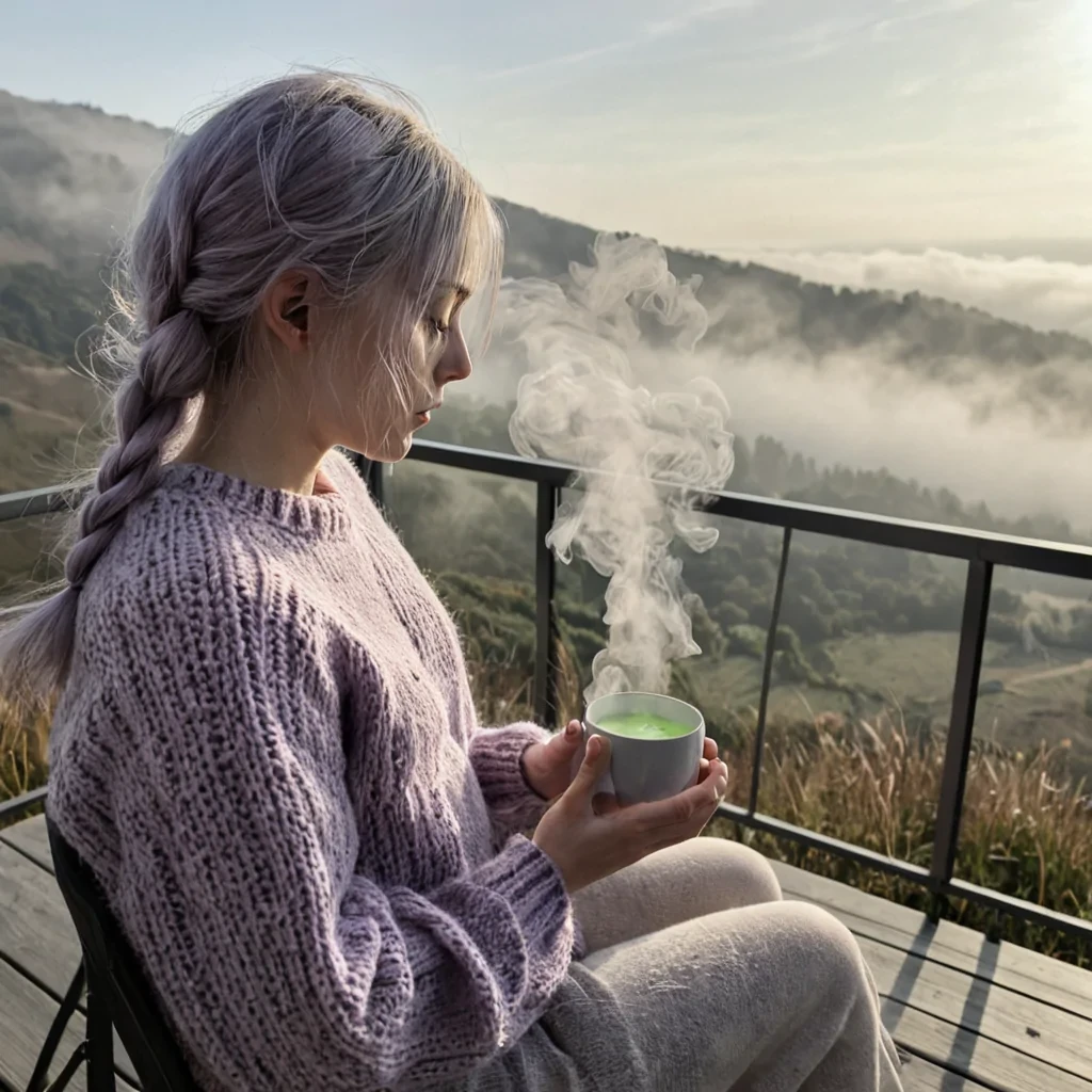 A hyperrealistic, eyelevel shot of a quiet, sunlit balcony overlooking a dense, foggy valley, where the railing is not metal or stone but a thick, continuous braid of dried, silverwhite sea grass that glints softly in the morning light. Seated on a minimalist, transparent acrylic chair is a young person with pale skin and short, choppy, platinumblonde hair, wearing a textured, chunkyknit sweater in a muted, dusty lavender tone. They are holding a small, round, ceramic cup filled with a steaming, pale green liquid, the steam rising in delicate, visible swirls that catch the sunlight. The background is a soft, outoffocus blur of grey mist and the faint,