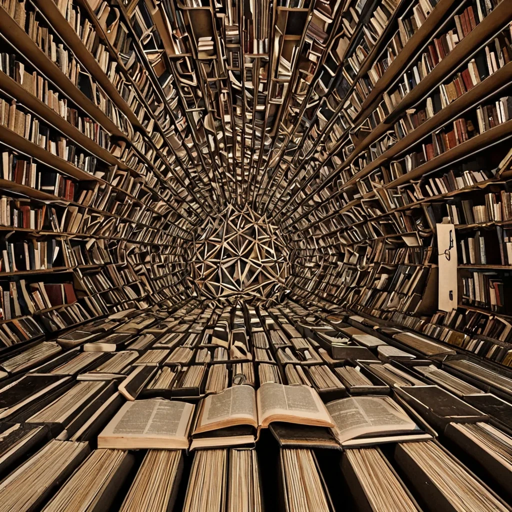 A single, selfilluminating fracture of reversed geometry, shaped like a 23,419dimensional tessellation of unformed space and inverted dimensionality, pulses at the center of a vast, inverted library of solidified abstraction  each book bound not in leather or cloth, but in the exact moment between a thought forming and its refusal to be named, a question asked and dissolving into nonsemantic silence, a theorem proven and collapsing into pure, unmeasured nonlogic. The fracture does not divide space  it undivides it, each splintering edge shedding a layer of spatial potential that never coalesced into coherent form, reforming into ephemeral, obsidianlaced afterimages shaped like the