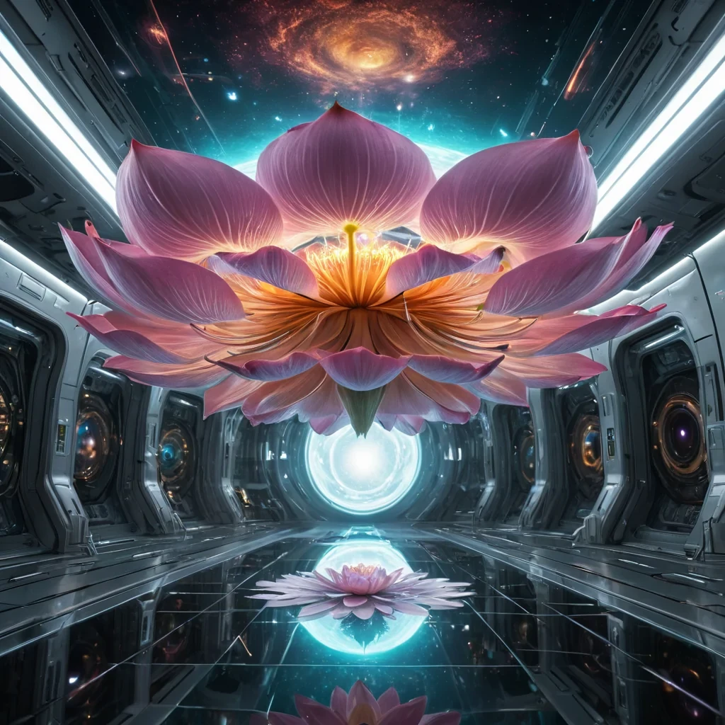 Photorealistic, colossal, levitating, opalescent, lotusblossom space station, its hyperrealistic, 4K, diaphanous petals revealing ultra HD glimpses of a bustling, bioluminescent, extraterrestrial world within. Volumetric lighting from unseen, pulsating, cosmic cores etches the stations ethereal, fractal petals, casting intricate, dynamic, shimmering shadows on the inverted, reflective void. Cinematic lighting bathes the scene in vibrant, otherworldly hues, with lens flare emphasizing the stations central, radiant, throbbing, lotus heart, pulsating with captive, alien, cosmic energy.