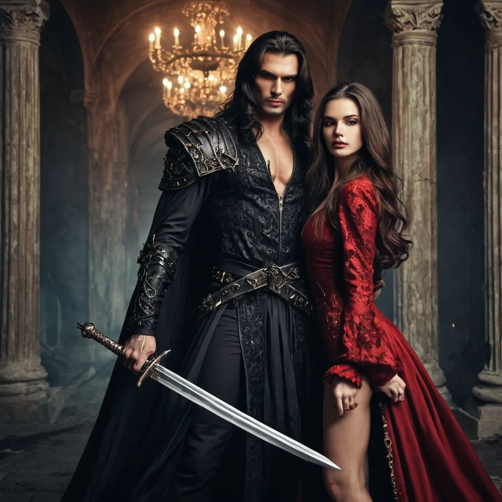 A modern handsome evil king with a sword in his hand dressed very nice with beautifully dressed beautiful brunette women with long hair