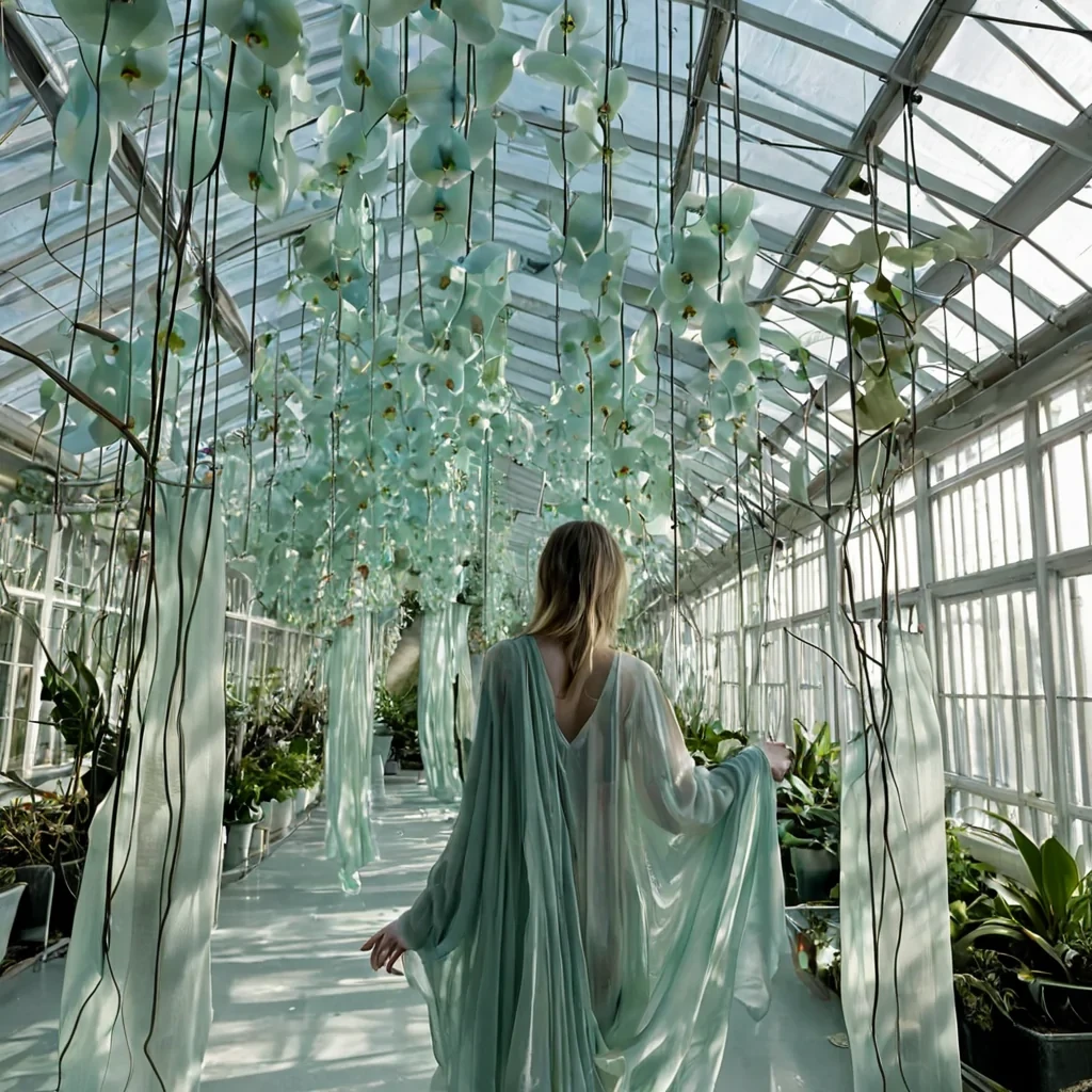 A vertical, eyelevel closeup of a serene, indoor greenhouse where the floor is composed of large, irregular slabs of polished sea glass in shades of frosted white and pale blue, reflecting the soft, diffused light from a skylight made of stretched, translucent silk membranes. Hanging from the ceiling are dozens of suspended terrariums constructed from curved sheets of brushed titanium, each containing a single, vibrant bloom of bioluminescent orchid that pulses with a gentle, rhythmic cyan glow. In the immediate foreground, a figure wearing a loose, flowing kimonostyle garment made of layered, semisheer linen in muted sage green stands still, their hands gently holding a delicate, open book with pages made of thin, flexible circuit
