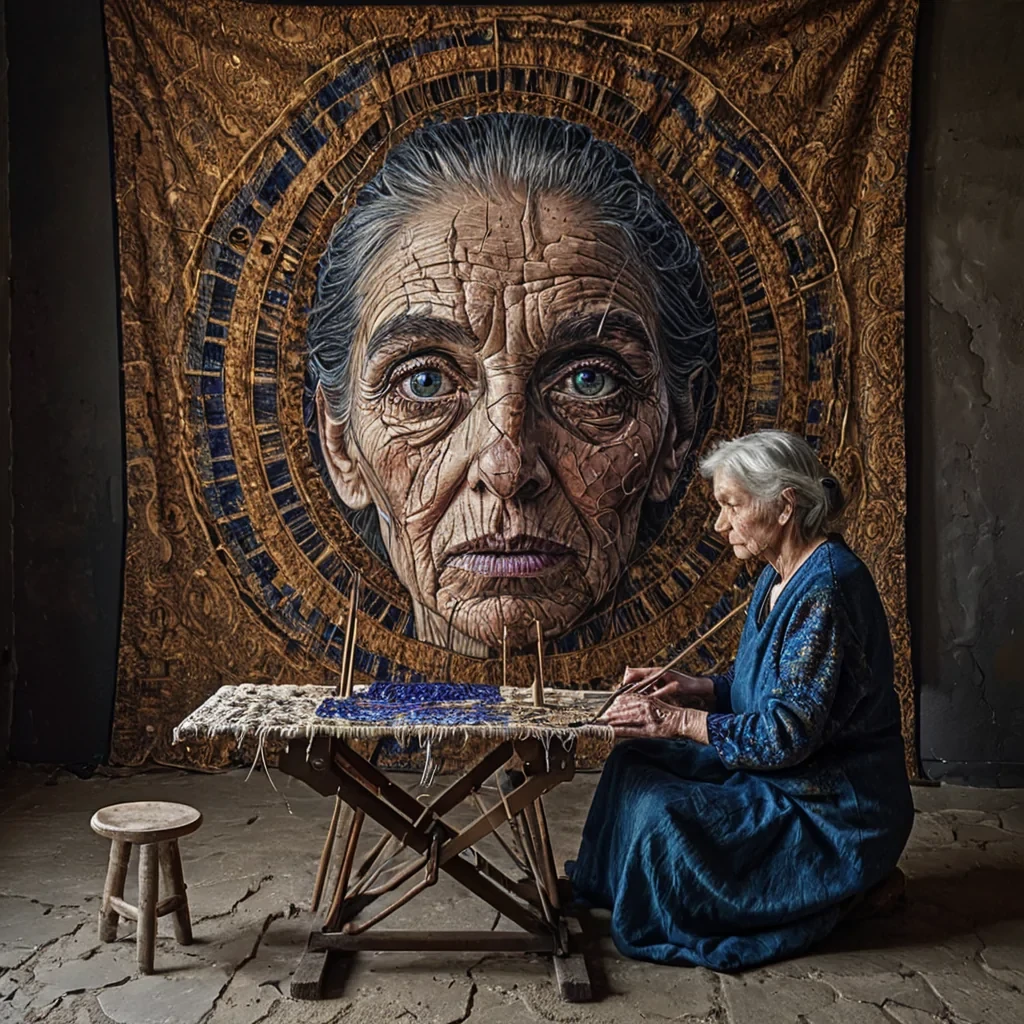 A hyperrealistic, eyelevel portrait of an elderly woman with skin the texture of cracked, dried riverbed clay, sitting on a stool in a vast, empty room with walls made of polished, reflective black mirrors. She is weaving a complex tapestry on a large, ornate wooden loom, but the threads are not fiber they are solidified ribbons of pure, liquid sound, visible as vibrant, shimmering streaks of violet, electric blue, and soft gold that vibrate with a faint, audible hum. The tapestry she creates depicts a microscopic view of a human eye, rendered in exquisite detail, with the iris containing a swirling, miniature solar system. Her hands, aged and weathered, move with practiced precision,