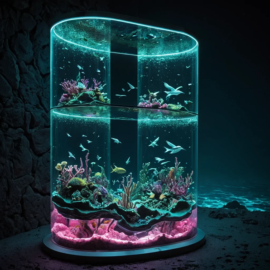 A hyperrealistic, isometric crosssection of a colossal, submerged terrarium encased in a seamless, curved wall of thick, reinforced glass, revealing a selfcontained vertical ecosystem of stacked, floating islands made of porous, honeycomblike coral in vibrant shades of neon pink and electric blue. Each island layer is connected by spiraling, translucent aqueducts filled with slowmoving, bioluminescent water that glows with a soft, ethereal green light. Tiny, mechanical birds crafted from polished chrome and glass hover between the layers, their wings beating in synchronized rhythm, while the background outside the glass shows the deep, crushing darkness of the ocean, illuminated only by the faint, distant beams of searchlights from passing submersibles. The