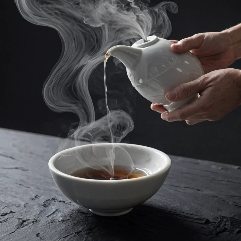 A horizontal, eyelevel closeup shot of a delicate, floating tea ceremony performed by a being composed entirely of swirling, translucent steam and condensation, hovering inside a ultraminimalist, white ceramic bowl. The steambeings form is ephemeral, with fingers made of rising vapor that gently stir a cup of dark, inkblack tea, creating tiny, distinct ripples on the liquid surface. The bowl rests on a matte black slate coaster, which contrasts sharply with the soft, billowing clouds of white steam that form the beings torso and head. Lighting is soft and diffused, casting gentle, shifting shadows that dance across the rim of the bowl, while microscopic droplets of water cling to the steams edges, catching the light like