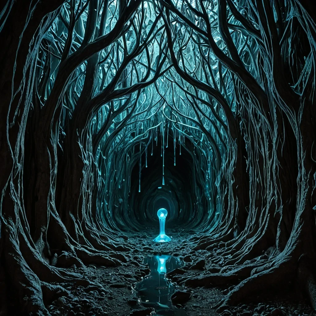 A colossal, selforganizing forest of inverted glass trees grows from the ceiling of a subterranean cavern lit only by the bioluminescent glow of reversed raindrops that fall upward into the dark. Each tree is not rooted in soil, but in solidified timeits trunk a frozen hourglass that runs backward, its branches fractal filaments of liquid chronology that drip not water, but suspended moments of childhood laughter, each drop reforming into a perfect, unbroken smile before vanishing into the ceiling. The cavern walls are not stonethey are layered sheets of compressed silence, etched with the faint, trembling outlines of voices that never spoke, their resonance preserved in the crystalline structure of the rock. Between the trees,