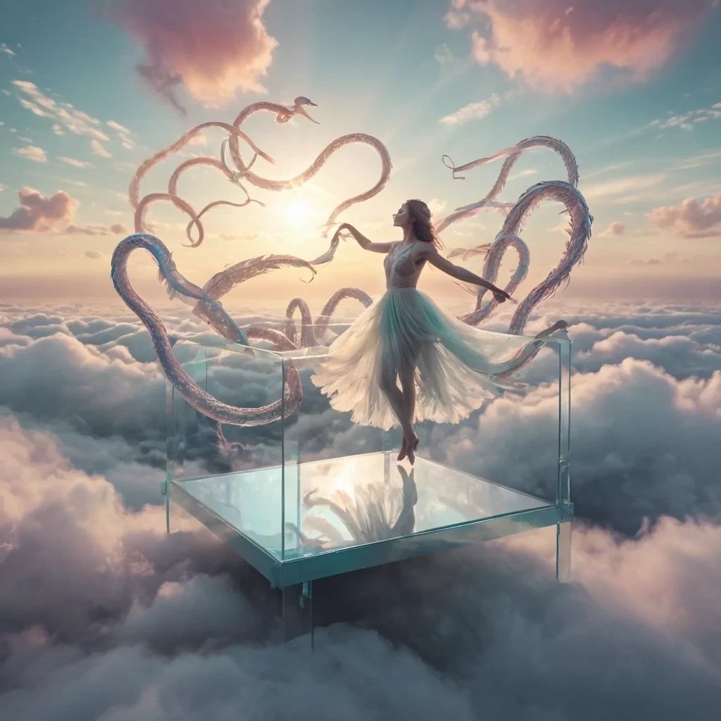 A lone, ethereal figure dancing on a glass platform above a sea of clouds, surrounded by a flock of iridescent, feathered serpents that weave through the air like ribbons, hyperrealistic, ultra HD, cinematic lighting, volumetric lighting, atmospheric effects, lens flare, pastel tones, detailed textures.