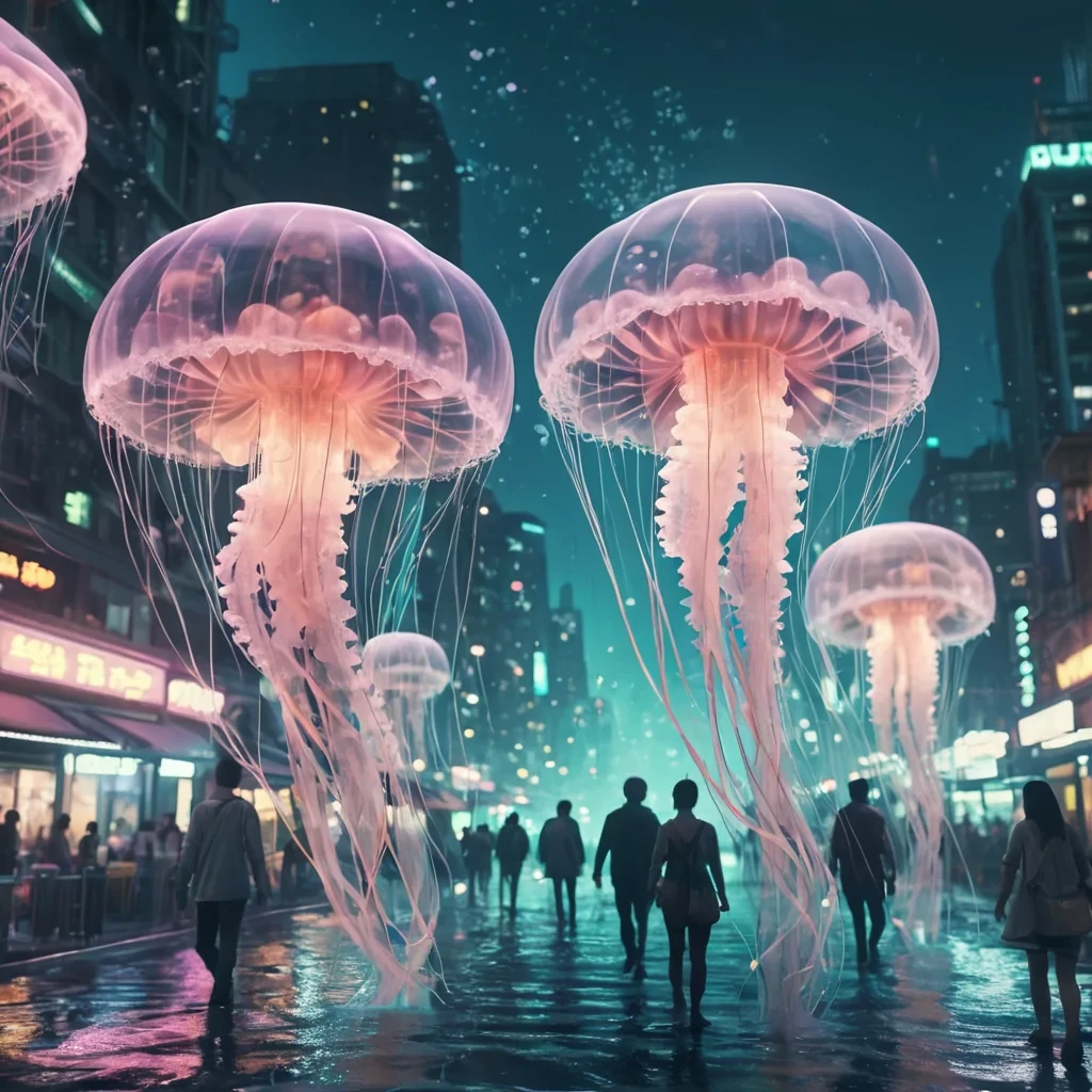 A bustling underwater metropolis where inhabitants ride luminescent jellyfish, hyperrealistic, 4K, cinematic lighting, volumetric lighting, atmospheric effects, dynamic lighting, bokeh effect, soft focus, lens flare, pastel tones, detailed textures.