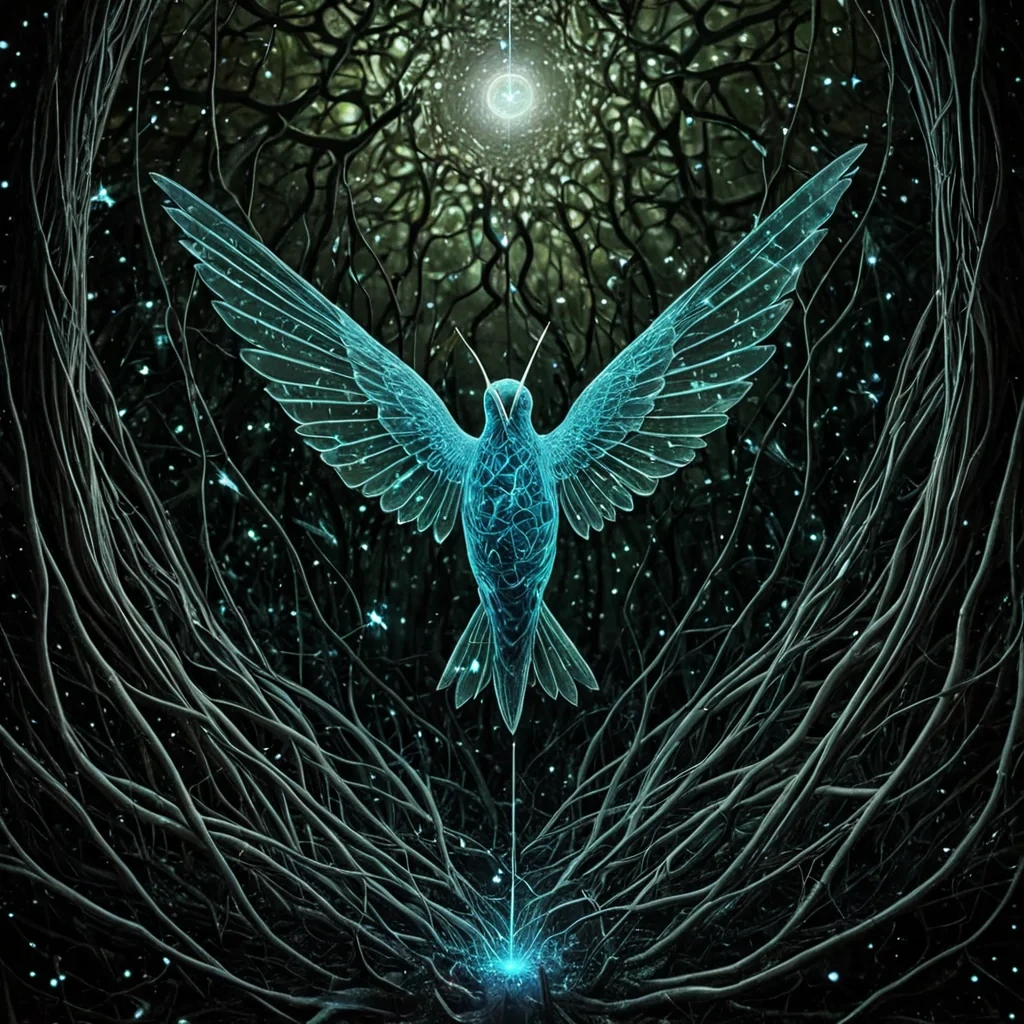 A single, iridescent hummingbird made of woven, selfrepairing silence and solidified moonlight hovers in the center of a vast, inverted forest of glass roots, its wings not translucent but composed of shimmering, fractalized fragments of forgotten lullabies. The bird does not flyit pulses, its body resonating with a low, harmonic vibration that emits faint, visible ripples in the air, each one forming the shape of a word that was never spoken but was felt in the silence between heartbeats. Its eyes are not organs, but two tiny, rotating black holes that absorb the emotional frequency of every unspoken thought, rendering them as fleeting, bioluminescent constellations that bloom and fade like