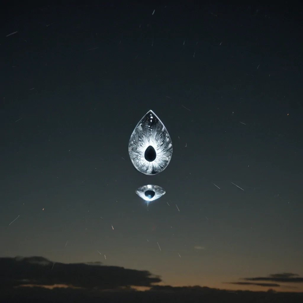 A single, selfreflecting tear of reversed light, shaped like a 42,000dimensional droplet of unformed reflection and inverted illumination, hangs suspended in the center of a vast, inverted sky of solidified night. Each ripple in its surface is forged from the exact moment between a mirror capturing a face and its refusal to return gaze, a star flaring into visibility and dissolving into nonluminosity, a window pane showing a world outside and collapsing into pure, unmeasured nonobservation. The tear does not reflect realityit unreflects it, each shimmering edge shedding a layer of optical potential that never coalesced into image, identity, or the weight of being seen. As it drifts,