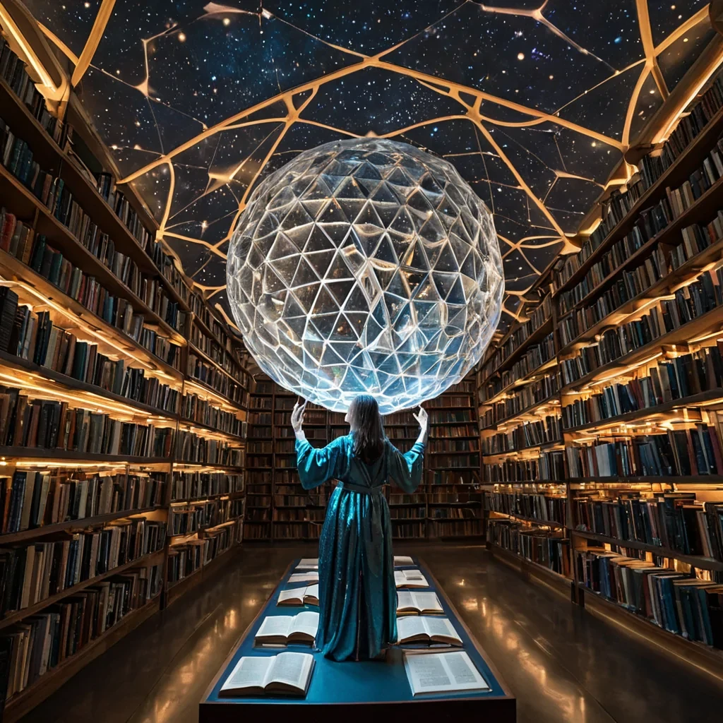A horizontal, cinematic wide shot of a sprawling, zerogravity library suspended within the hollowedout shell of a colossal, translucent geodesic crystal floating in a deep, starry void. The interior is filled with thousands of floating, levitating books made of thin, flexible sheets of polished obsidian that orbit slowly around a central, glowing core of pure white plasma. Shelves are not physical structures but rather curved, magnetic fields of golden light that hold the books in precise, geometric formations. In the foreground, a librarian wearing a flowing, iridescent silk robe woven with silver threads reaches out to adjust a drifting volume, their hand encased in a delicate, translucent gauntlet that emits soft, blue data streams. The lighting is eth