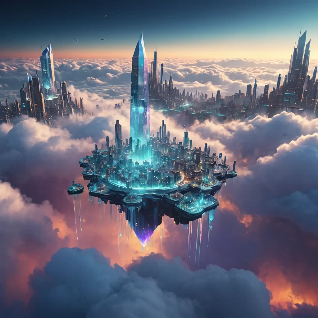 A levitating, crystalline city suspended above a sea of clouds, where inhabitants traverse on iridescent, levitating platforms, hyperrealistic, 4K, cinematic lighting, volumetric lighting, atmospheric effects, bokeh effect, vibrant colors, detailed textures.