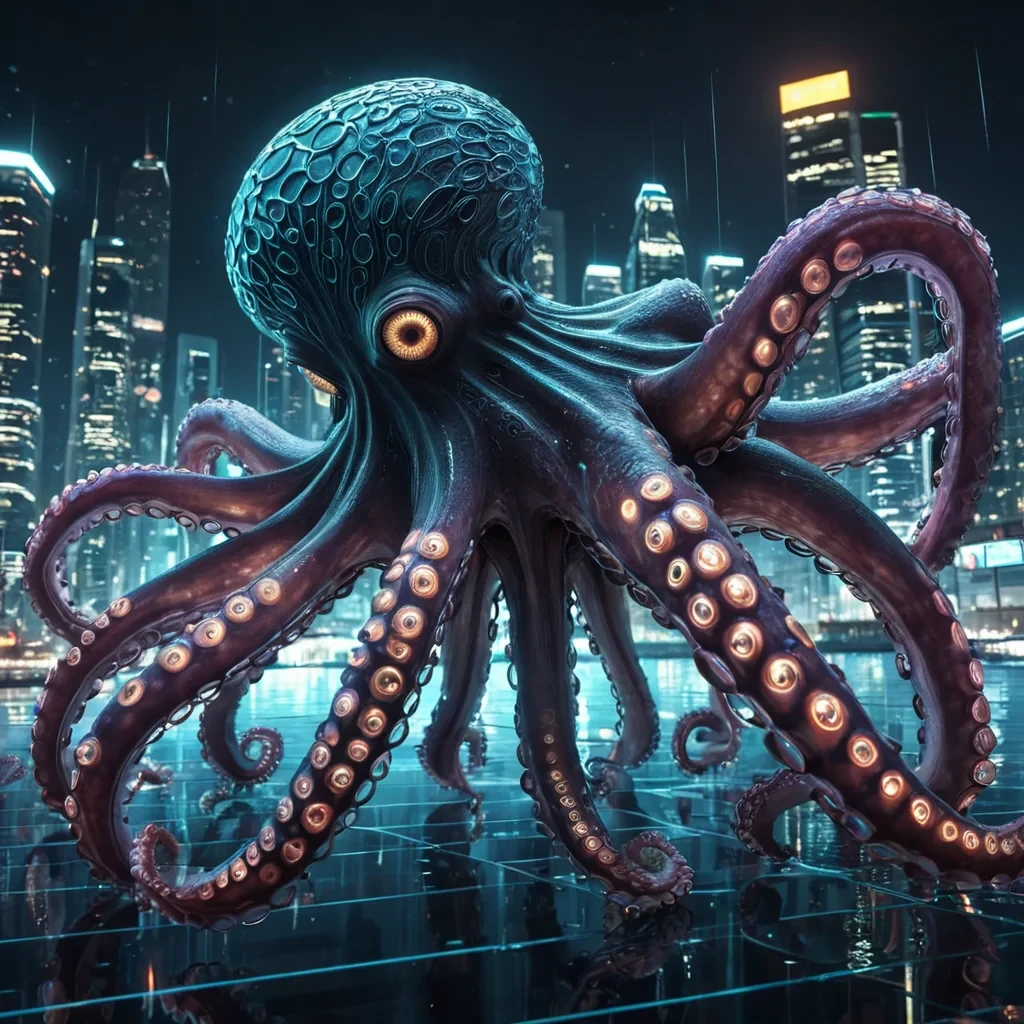 Photorealistic, Ultra HD, colossal, sentient, neonlit, cybernetic octopus, its intricate, detailed tentacles intertwined with pulsating, holographic data streams, surfs gracefully through a cinematic, weightless, zerogravity, ultraHD, neonlit, underwater metropolis. Volumetric lighting accentuates the citys geometric patterns, casting dynamic, otherworldly shadows, while atmospheric effects create a mesmerizing dance of bioluminescent, ethereal nanobots. The octopus reflective, holographic eyes capture the citys vibrant, neonlit lighting, revealing a mesmerizing, ultraHD display of quantum entanglement as it reaches