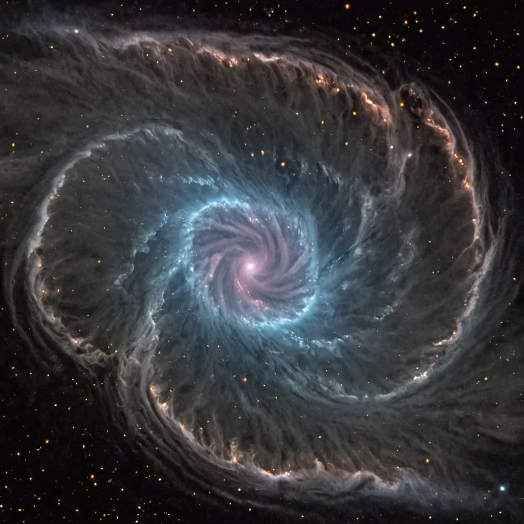 A single, selffragmenting filament of reversed light, shaped like a 589dimensional helix of unformed illumination and inverted radiance, drifts at the center of a vast, inverted nebula of solidified shadoweach swirling cloud carved from the exact moment between a star igniting and its refusal to burn, a photon traveling and dissolving into nonluminous dust, a galaxy forming and collapsing into pure, unmeasured darkness. The filament does not emitit unemits, each shimmering strand shedding a layer of photonic potential that never coalesced into a shared glow, reforming into ephemeral, obsidianthreaded afterimages shaped like the negative space between two eyes that never blinked in the face