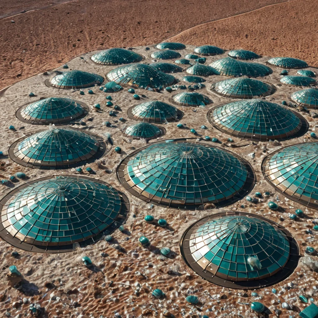 A horizontal, eyelevel wide shot of a sprawling, retrofuturistic desert settlement built entirely from massive, interlocking modules of oxidized copper and frosted polycarbonate, arranged in a chaotic yet harmonious spiral pattern across a sea of fine, iridescent salt crystals. The architecture features curved, saillike canopies made of translucent white fabric that billow gently in the dry wind, casting intricate, lacelike shadows on the metallic ground. In the foreground, a solar cartographer with skin resembling warm, sunbaked clay and wearing a flowing, asymmetrical robe of deep teal linen adorned with subtle, goldleaf constellations stands on a raised platform of woven reeds. They are adjusting a complex, brassarmed sext