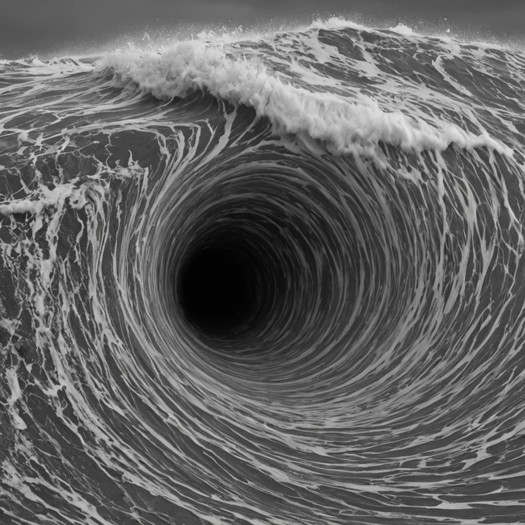 A single, selfundulating wave of reversed silence, shaped like a 14,321dimensional ripple of unformed stillness and inverted quiet, flows through the hollow core of a vast, inverted ocean of solidified noise. Each crest is spun from the exact moment between a whisper fading and its refusal to be heard, a door closing and dissolving into nonecho, a breath held in the throat and collapsing into pure, unmeasured nonaudibility. The wave does not carry soundit uncarries it, each trembling trough shedding a layer of acoustic potential that never coalesced into music, speech, or the weight of being overheard. As it undulates backward through the infinite trenches of the sonic abyss