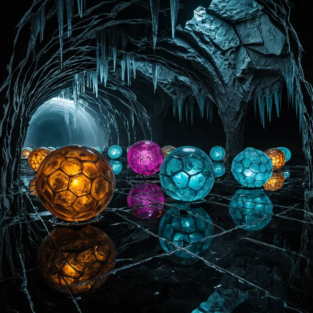A wideangle, cinematic perspective of a vast, underground cavern where the floor is composed of seamless, polished black marble that reflects the environment like a mirror. Suspended above the reflective surface is a massive, intricate lattice structure made of solidified, transparent water ice, resembling a giant, frozen spiderweb but with a hexagonal honeycomb geometry. Within each hexagonal cell of the ice web, a single, vibrant, glowing sphere of bioluminescent fluid in varying shades of cyan, magenta, and amber floats, each sphere pulsing with a slow, independent rhythm. The air is thick with fine, misty vapor that catches the light from the spheres, creating volumetric beams that dance across the dark, wet walls of the cavern.