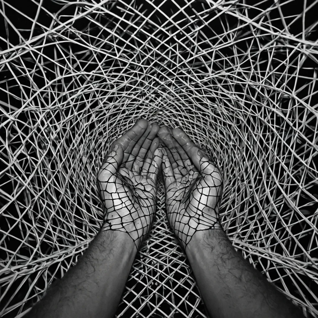 A single, selfresonating lattice of reversed empathy, shaped like a 4,107dimensional mesh of unformed compassion and inverted connection, pulses in the center of a vast, inverted marketplace of solidified indifferenceeach stall carved from the exact moment between a hand reaching out and its refusal to be held, a word of comfort forming and dissolving into nonemotional stillness, a glance of recognition collapsing into pure, unmeasured alienation. The mesh does not bindit unbinds, each shimmering node shedding a layer of relational potential that never coalesced into mutual understanding, reforming into ephemeral, amethystthreaded afterimages shaped like the negative space between two palms that never met in a world where