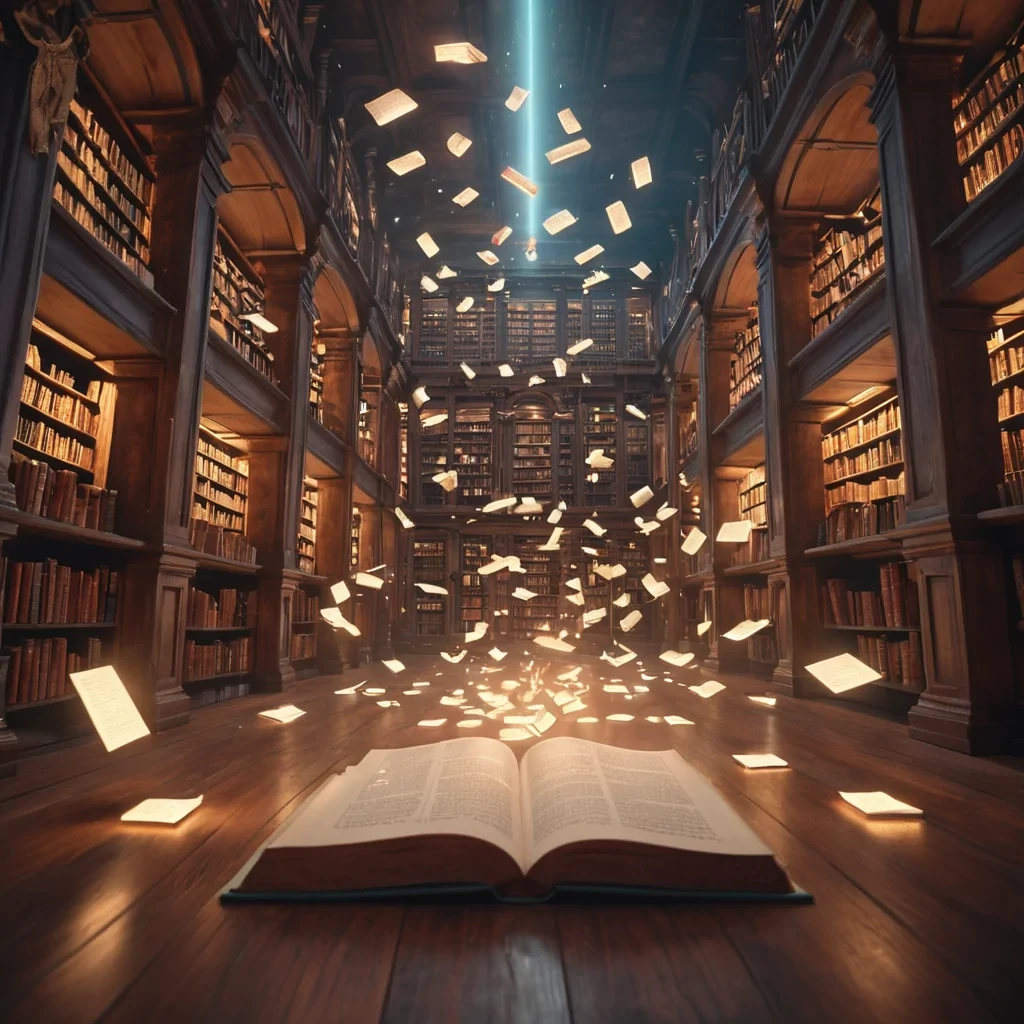 A levitating library filled with glowing manuscripts, each page emitting a unique, softhued aura, hyperrealistic, 4K, cinematic lighting, volumetric lighting, atmospheric effects, soft focus, lens flare, pastel tones, detailed textures.