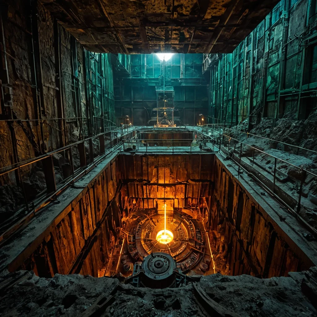 A hyperrealistic, extremewideangle shot of a vast, openpit mine where the excavated earth has been replaced by layers of translucent, geometric glass blocks in shades of amber, cobalt, and emerald, each containing suspended, fossilized mechanical artifacts from a forgotten industrial age. The walls of the pit are steep and smooth, reflecting a sky filled with three distinct moons of varying sizes and colors, casting a complex, multihued light that refracts through the glass strata. In the center of the pit, a single, massive structure made of interlocking brass gears and copper pipes rises like a monument, glowing with a warm, inner fire. In the foreground, a sleek, glassbottomed observation platform extends over the edge