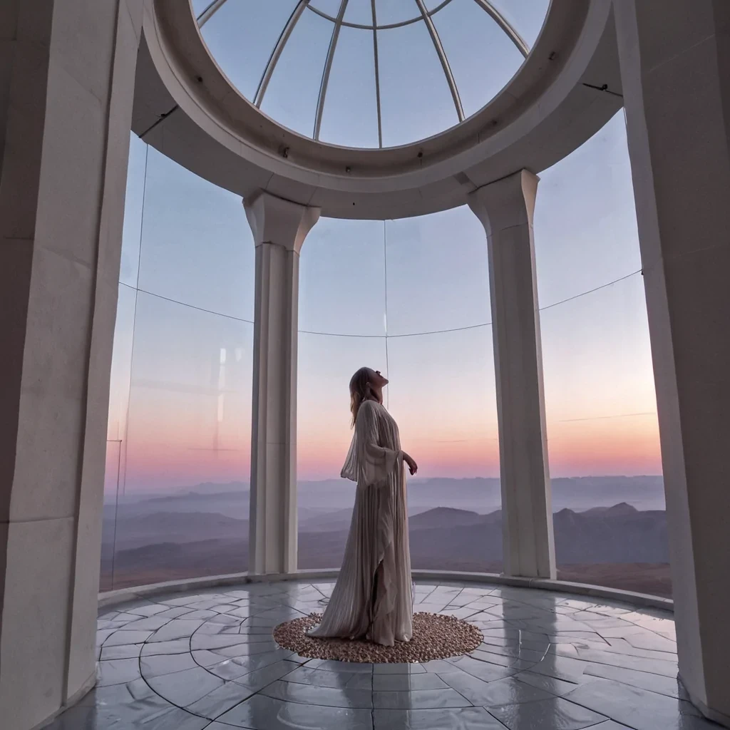 A horizontal, eyelevel medium shot of a serene, highaltitude observatory perched on a jagged peak of pure white salt, where the sky transitions from deep indigo to a soft, pearlescent pink dawn. The central structure is a massive, openair dome made of interlocking, geometric panels of frosted acrylic that diffuse the morning light into a gentle, milky haze. Inside the dome, a solitary figure wearing a minimalist, creamcolored knit tunic with wide, flowing sleeves stands beside a towering, vertical column of clear glass filled with slowrising, goldenbrown tea leaves that swirl in a hypnotic, fluid dance. The floor is composed of polished, dark slate tiles that reflect the soft, pastel light,
