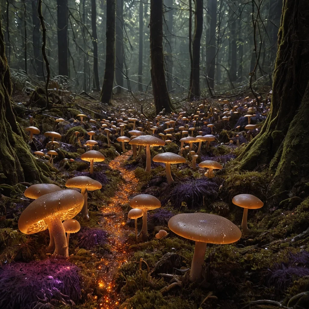 A hyperrealistic, groundlevel tracking shot through a dense, subterranean fungal forest composed entirely of towering, translucent amberhued agaric structures that pulse with internal bioluminescence in rhythms of soft gold and burnt orange. The forest floor is a spongelike, spongy carpet of deep violet moss that absorbs footfalls silently, scattered with tiny, crystalline shards of quartz that reflect the ambient glow. In the midground, a sleek, streamlined transport vessel made of brushed copper and frosted glass glides silently along an invisible magnetic track, its underside emitting a trail of shimmering, golden spores that drift upward like reverse rain. The air is thick with a humid, warm haze that diffuses the light into volumetric beams