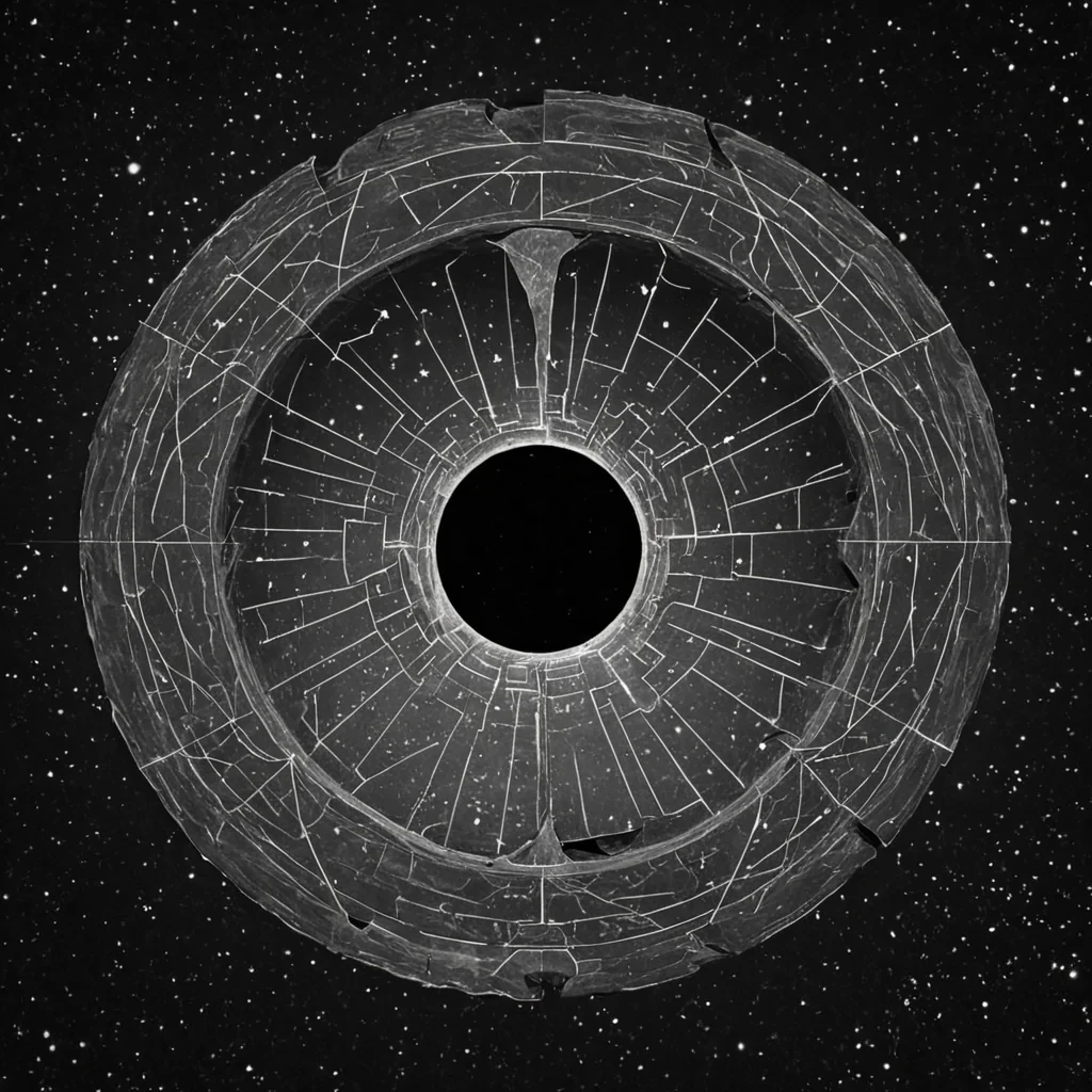 A single, selffragmenting constellation of inverted geometry, shaped like a 9dimensional torus of unformed symmetry and reversed proportion, floats in the center of a vast, inverted void of solidified perspectiveeach fragment carved from the petrified gaze of a civilization that measured reality not by sight, but by the duration of synchronized, breathless stillness held just before the first line was ever permitted to be drawn in a world where form was forbidden. The constellation does not dissolveit unperceives, each shard shedding a layer of spatial potential that never coalesced into a shared dimension, reforming into ephemeral, chromeveined afterimages shaped like the negative space between two eyes that never aligned on the same horizon of