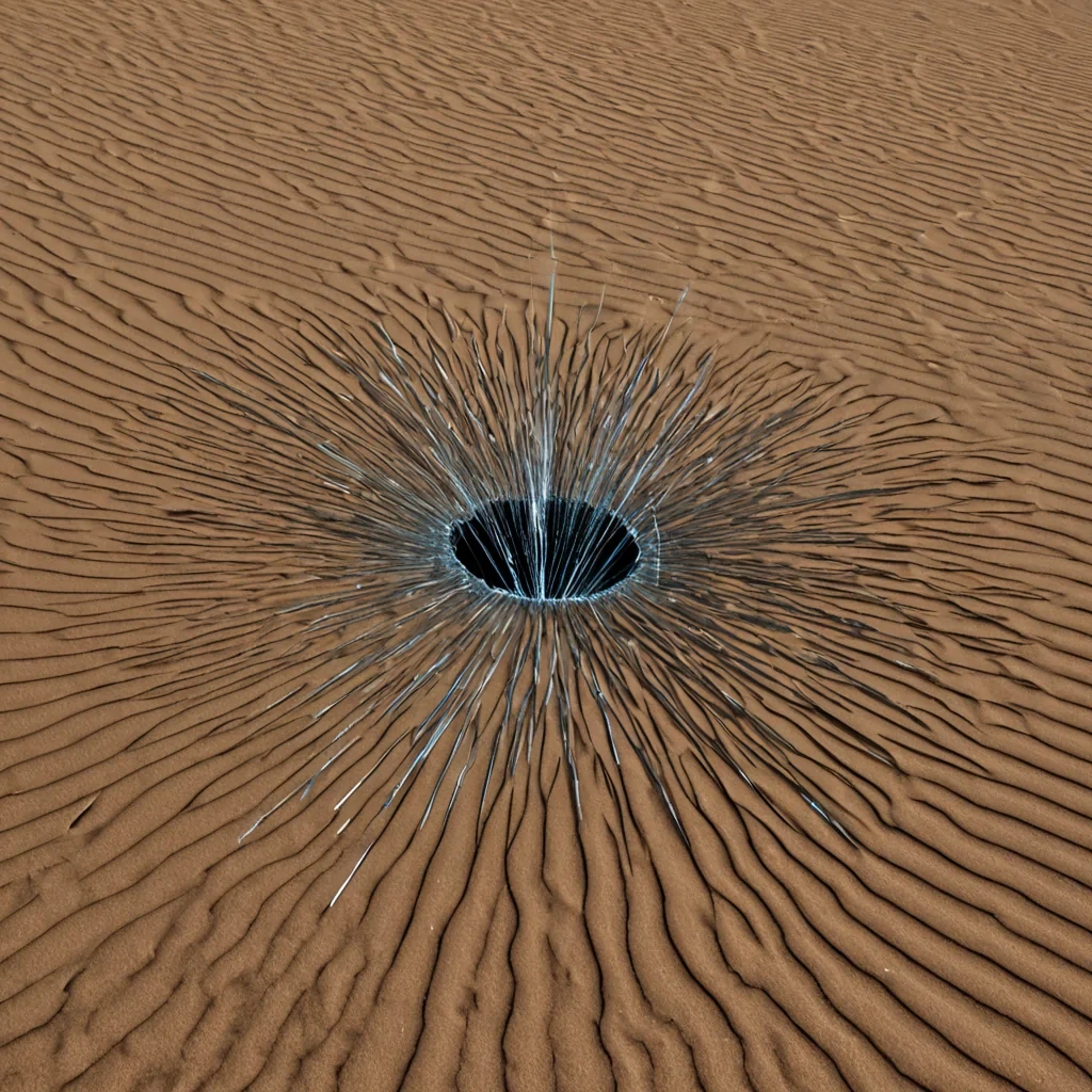A single, selfresonating cluster of reversed magnetism, shaped like a 713dimensional lattice of unformed polarity and inverted attraction, pulses at the center of a vast, inverted desert of solidified neutralityeach dune sculpted from the exact moment between a compass needle aligning and its refusal to choose a direction, a metal shard levitating and its sudden collapse into nonmagnetic dust, a magnetic field forming and its unraveling into a void of uncharged space. The cluster does not attractit unattracts, each shimmering node shedding a layer of magnetic potential that never coalesced into a shared pull, reforming into ephemeral, malachiteveined afterimages shaped like the negative space between