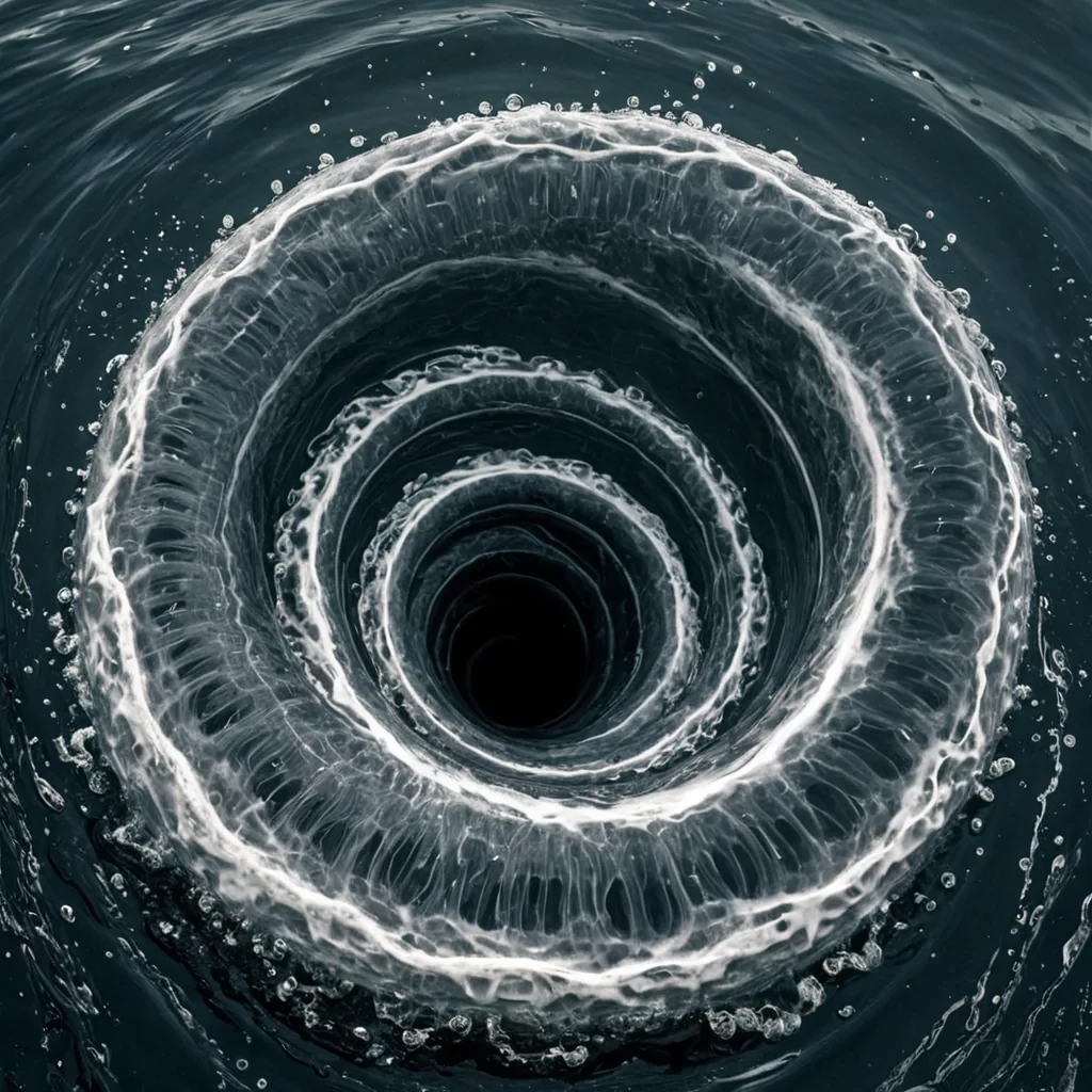 A single, selfsiphoning vortex of reversed gravity, shaped like a 12,783dimensional spiral of unformed descent and inverted ascent, rotates through the hollow core of a vast, inverted ocean of solidified buoyancy. Each coil is spun from the exact moment between a drop falling into water and its refusal to displace, a wave cresting and dissolving into nonmotion, a breath syncing with the rhythm of a submerged city and collapsing into pure, unmeasured nonweight. The vortex does not pull  it unpulls, each unraveling turn shedding a layer of hydrodynamic potential that never coalesced into ripple, current, or the weight of being submerged. As it spins backward through the void, it leaves