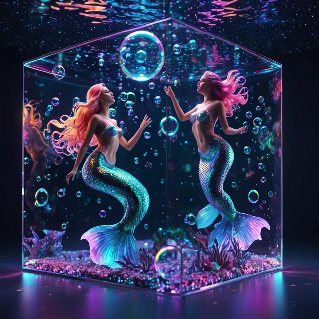 Hyperrealistic neon mermaids with reflective metallic scales swirling in a cubic aquarium under a starry sky, holographic bubbles floating in volumetric lighting, dynamic shadows, soft focus, vibrant colors, 4K