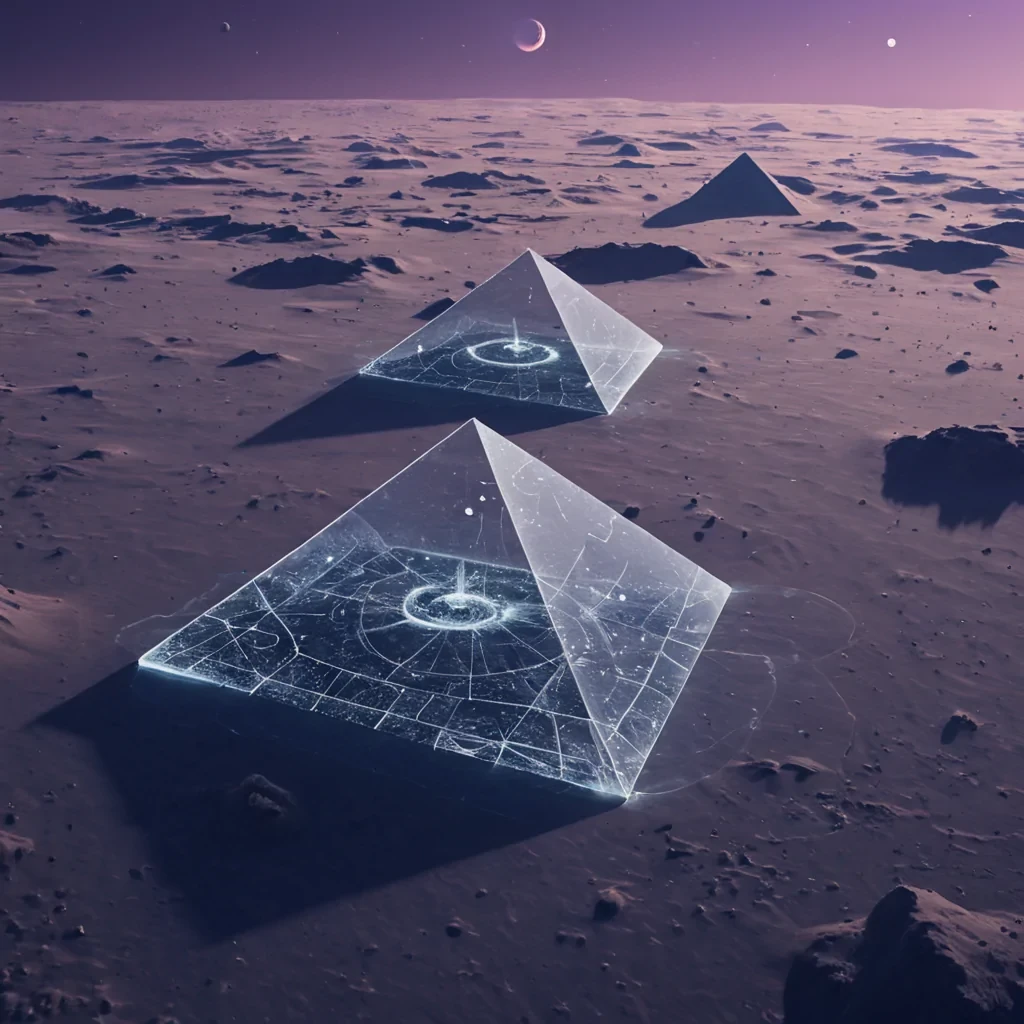 A vast, geometric archipelago of floating, translucent pyramids drifts through the upper atmosphere of a planet with no gravity, each pyramid constructed from solidified silence and etched with the faint, ghostly outlines of languages that never existed. The pyramids are arranged in a perfect, shifting Fibonacci spiral, rotating slowly in unison as if choreographed by an unseen cosmic conductor. Between them, rivers of liquid shadow flow in slow, silent currents, carrying fragments of forgotten timecrystalline shards that resemble broken clocks, but instead of hands, they have tiny, glowing eyes that blink in unison with the pulse of a distant, invisible heartbeat. Above, the sky is a deep, iridescent violet, streaked with rib