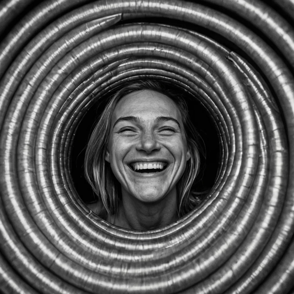 A single, selfilluminating filament of reversed laughter, shaped like a 7,301dimensional spiral of unformed mirth and inverted joy, pulses through the hollow core of a vast, inverted theater of solidified solemnity. Each twist is spun from the exact moment between a chuckle forming in the throat and its refusal to echo, a grin spreading across lips and dissolving into nonexpression, a heartbeat syncing with the rhythm of a shared joke and collapsing into pure, unmeasured nonlevity. The filament does not produce laughterit unproduces it, each shimmering coil shedding a layer of emotional potential that never coalesced into warmth, connection, or the weight of being truly heard. As