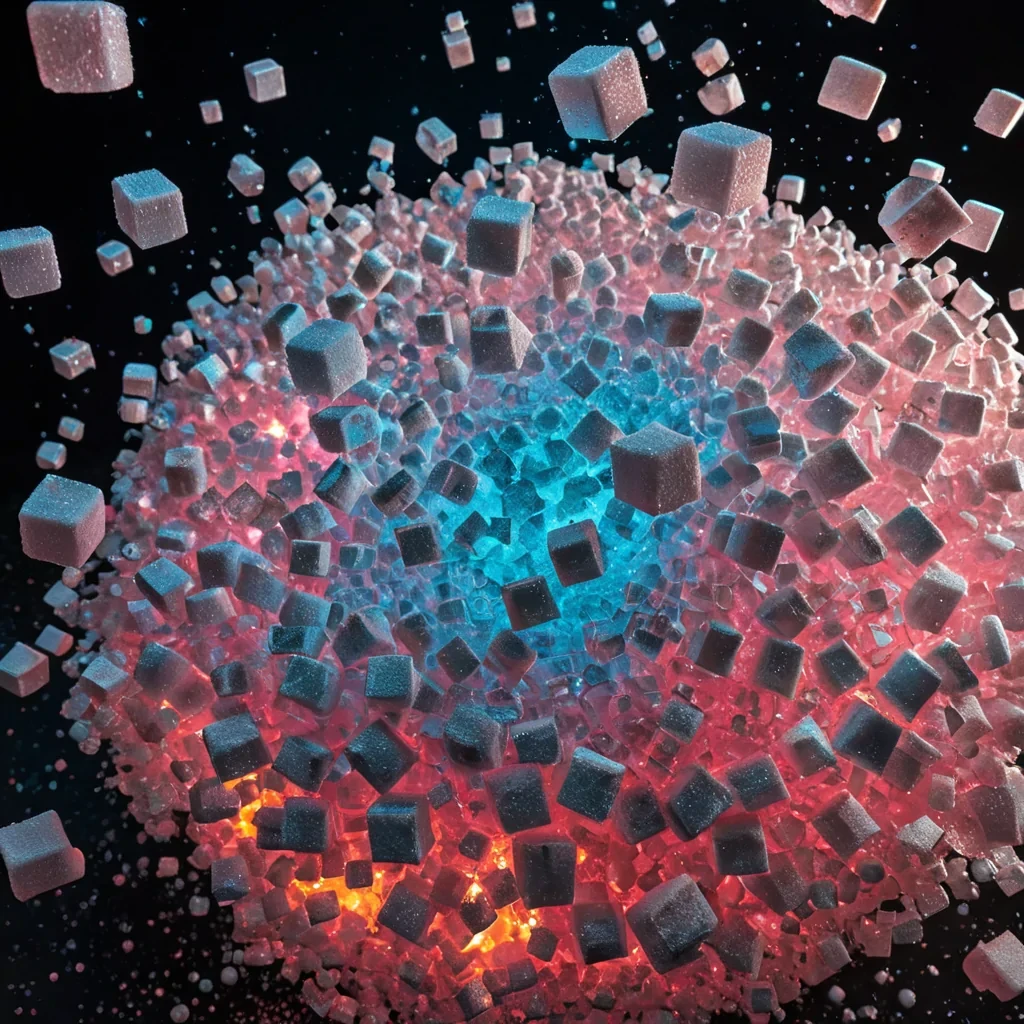 A horizontal, hyperrealistic photograph of a dense, circular arrangement of oversized, crystallized sugar cubes, each translucent and glowing with a warm, amber internal light, floating in a zerogravity environment. The sugar cubes are not solid but porous, containing tiny, suspended bubbles of liquid neon pink and electric blue that swirl slowly within the lattice structure. Surrounding the central cluster is a chaotic, swirling nebula of fine, metallic silver dust and fragmented pieces of shattered, iridescent glass, creating a dynamic sense of motion and depth. The lighting is dramatic and highcontrast, with a strong, white key light from the upper right casting sharp, geometric shadows and highlighting the faceted edges of the sugar structures. The background is a deep,