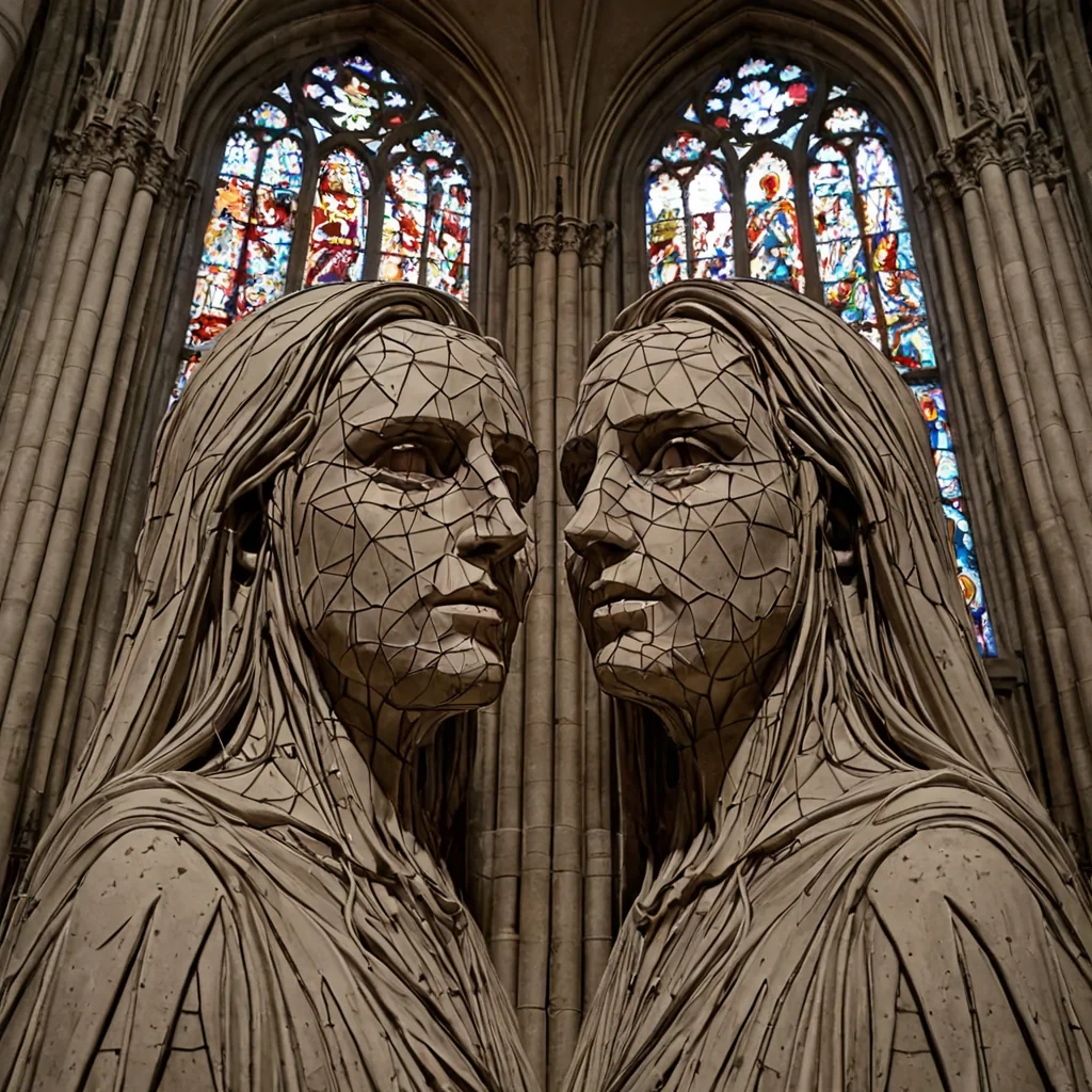 A single, selferoding filament of solidified empathy, shaped like a spiraling, nonaxial cascade of reversed emotional resonance, pulses at the center of a vast, inverted cathedral of unspoken apologies where the stained glass windows are not made of leaded panes, but of the compressed, unvoiced confessions of a civilization that communicated through the duration of synchronized eye contact. The filament does not feelit unfeels, each twist dissolving a layer of compassion that never coalesced into action, reforming into ephemeral, rosegold tears shaped like the negative space between two cheeks that never brushed in the same moment of mutual vulnerability. The cathedral is not sacredit is a layered expanse of petrified