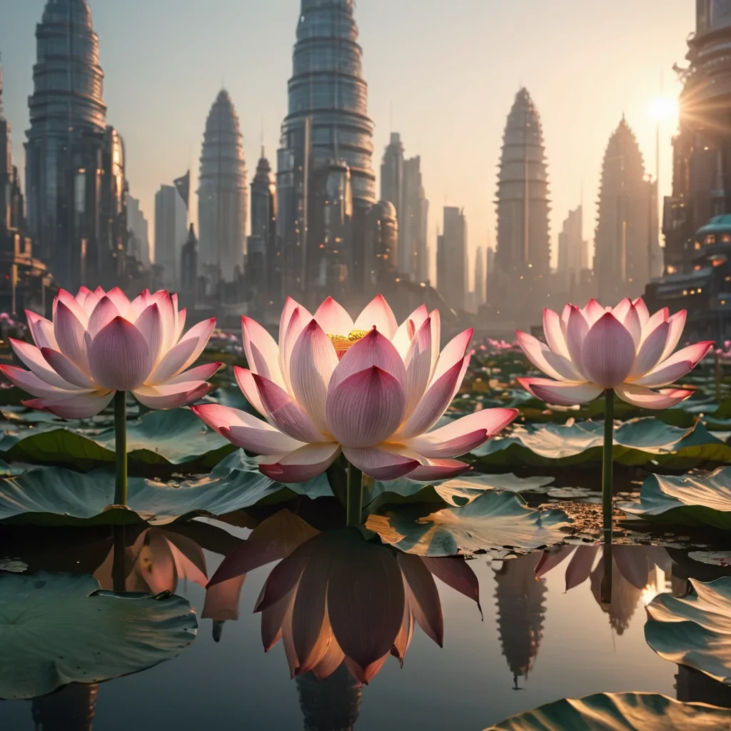 Photorealistic, colossal, levitating, lotus blossom metropolis, its hyperrealistic, 4K, petallike structures unfurling in ultra HD, casting intricate, dynamic, warm shadows on the mirrored, dewkissed void. Volumetric lighting gently caresses the citys ethereal, porcelain towers, while atmospheric effects create a mesmerizing, dawnkissed haze. Cinematic lighting bathes the scene in vibrant, golden hues, with lens flare emphasizing the citys central, radiant, pulsating, lotus heart, blooming with captive, divine radiance.