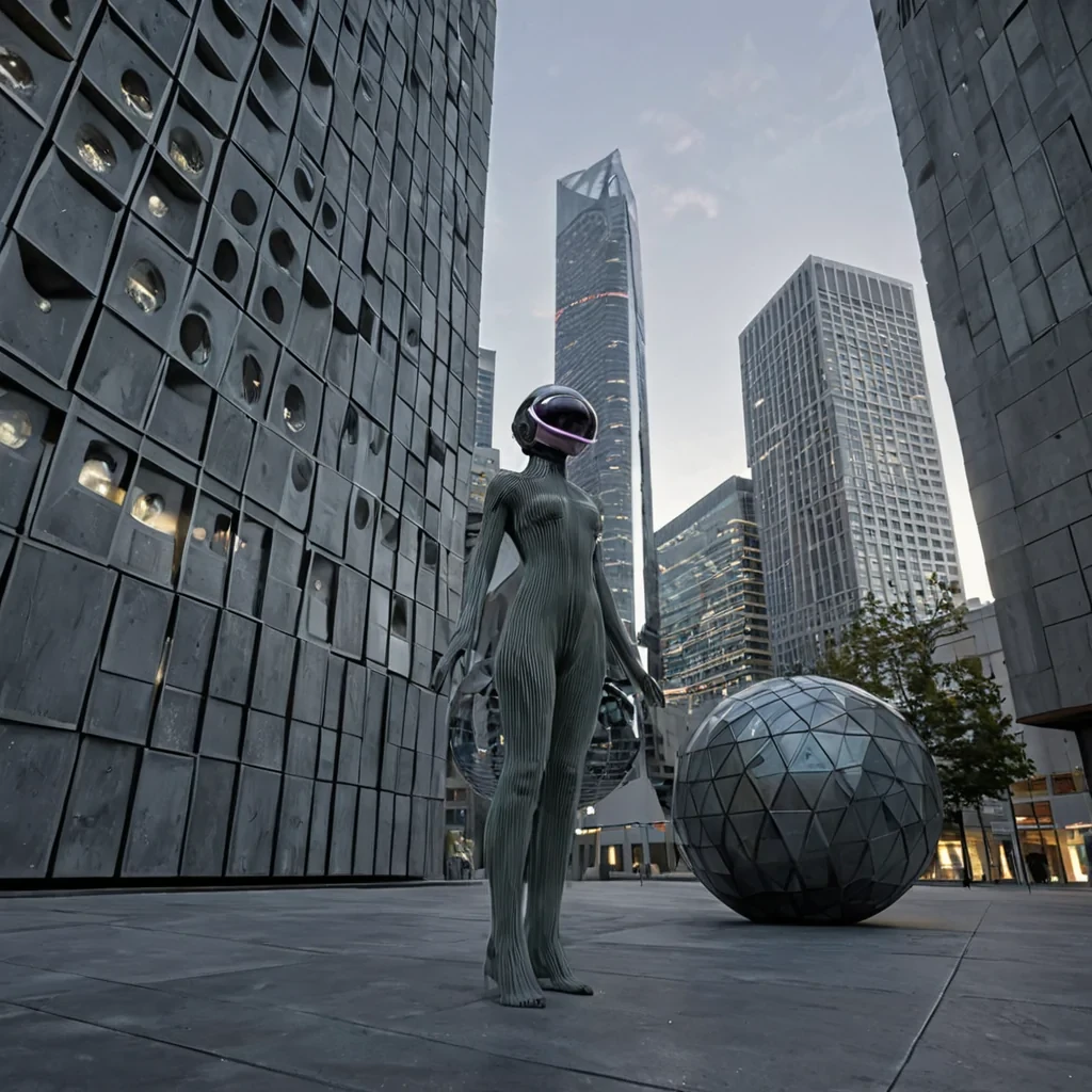 A photorealistic, lowangle shot of a futuristic urban plaza constructed from interlocking slabs of matte charcoal concrete and translucent, frosted acrylic panels, illuminated by the soft, diffuse glow of embedded LED strips in muted coral and sage green. In the center stands a solitary figure wearing a modular, asymmetrical outfit made of layered, pleated technical fabrics in shades of slate gray and pale lavender, with integrated holographic displays floating around their head. The figure is interacting with a large, spherical interface composed of swirling, liquidmetal spheres that shift and merge in response to their gestures. The background features towering, brutalist skyscrapers with facades of perforated metal screens, casting intricate, geometric shadows across the plaza. The scene is rendered with