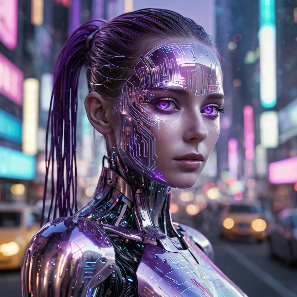 A hyperrealistic, 4K, ultra HD portrait of a futuristic android with iridescent, circuitetched skin that shimmers like liquid mercury. The androids eyes, a deep, electric purple, seem to pulse with lines of binary code. Their hair, a cascade of holographic fractals, gently pulses with an otherworldly glow. The background is a surreal, neonlit cityscape of towering skyscrapers and holographic advertisements, with a soft, ethereal glow casting an urban ambiance. Cinematic lighting accentuates the androids metallic features, while a subtle bokeh effect blurs the bustling city backdrop, creating a futuristic atmosphere.