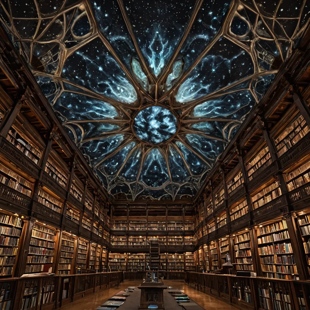 A single, rotating kaleidoscope of solidified wind and compressed light hangs suspended in the center of a vast, still library built from the hollowedout bones of extinct constellations. The kaleidoscope is not glass, but a fractal lattice of selfrepairing ice that refracts not colors, but emotionseach facet revealing a different tone of sorrow, curiosity, or quiet joy, rendered as shifting auroras of sound that bloom into visible harmonics when touched by a breath. The librarys shelves are not wood, but solidified moments of silence from a thousand unspoken conversations, each one etched with the faint, ghostly script of a name that was never spoken aloud. Between the shelves, the air hums with