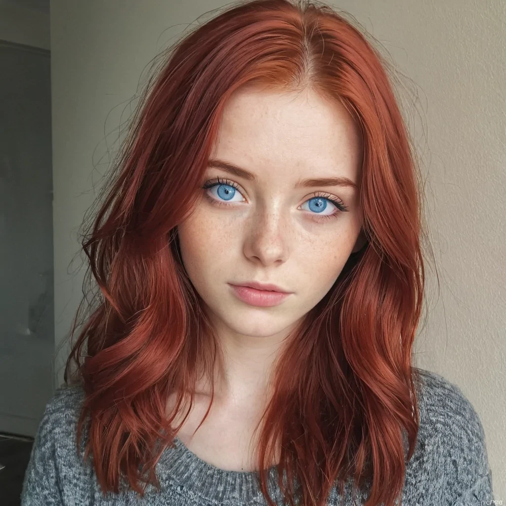 Red hair, blue eyes, 20 years old woman