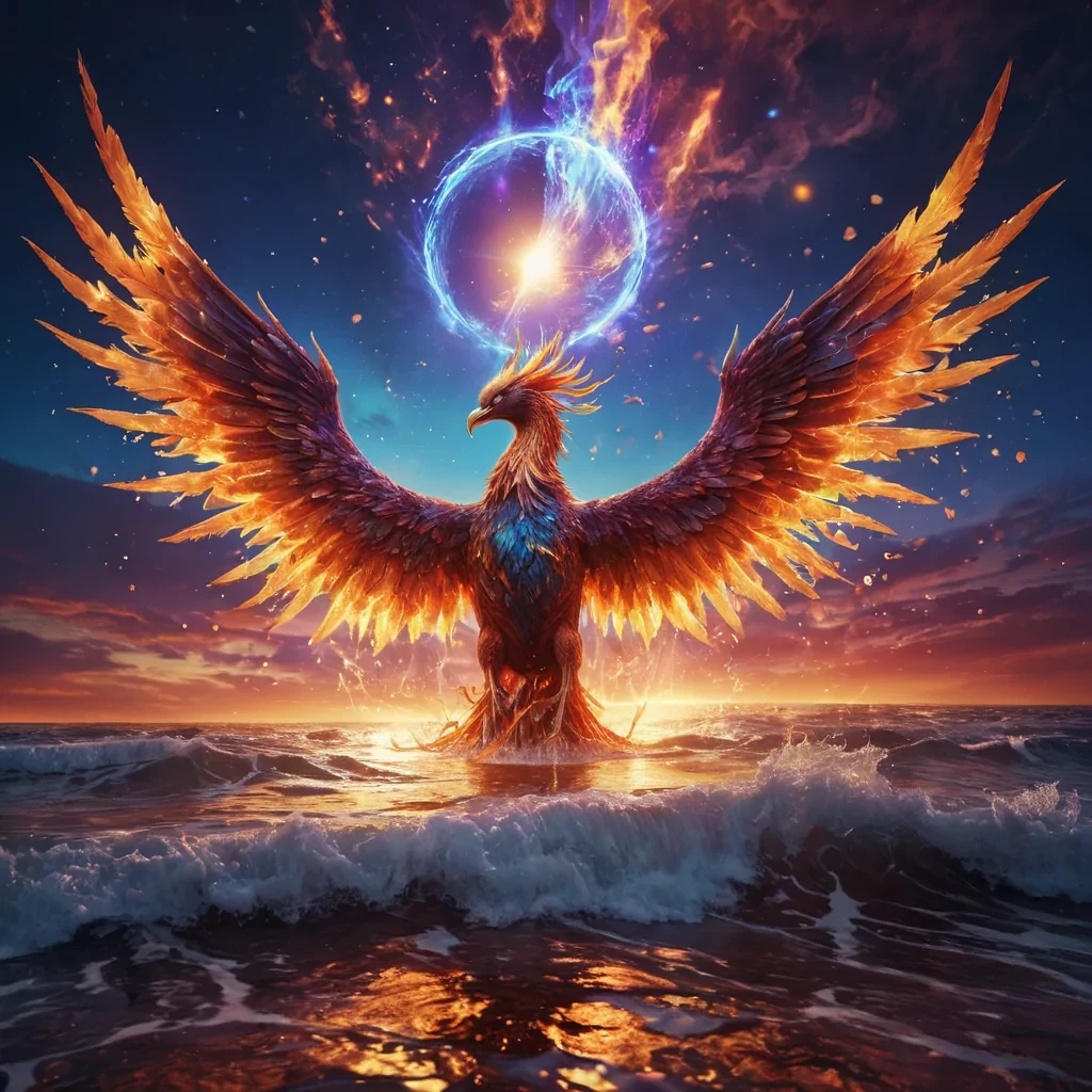 A hyperrealistic, 4K masterpiece of a colossal, ethereal phoenix rising from a crystalline ocean under a sky fractured with cascading auroras. The phoenix, made entirely of shimmering, liquid gold and fire, spreads its vast wings, dripping molten light that ripples into the ocean below, creating radiant, prismatic waves. Surrounding it, floating shards of an ancient, shattered moon orbit in a slow, gravitydefying dance, each piece etched with glowing, alien symbols. The sky is alive with hues of deep violet, electric blue, and fiery orange, with dramatic volumetric lighting casting otherworldly reflections across the scene. A surreal bokeh effect blurs the distant horizon, leaving the viewer immersed in the raw, emotional power of the phoenixs rebirth