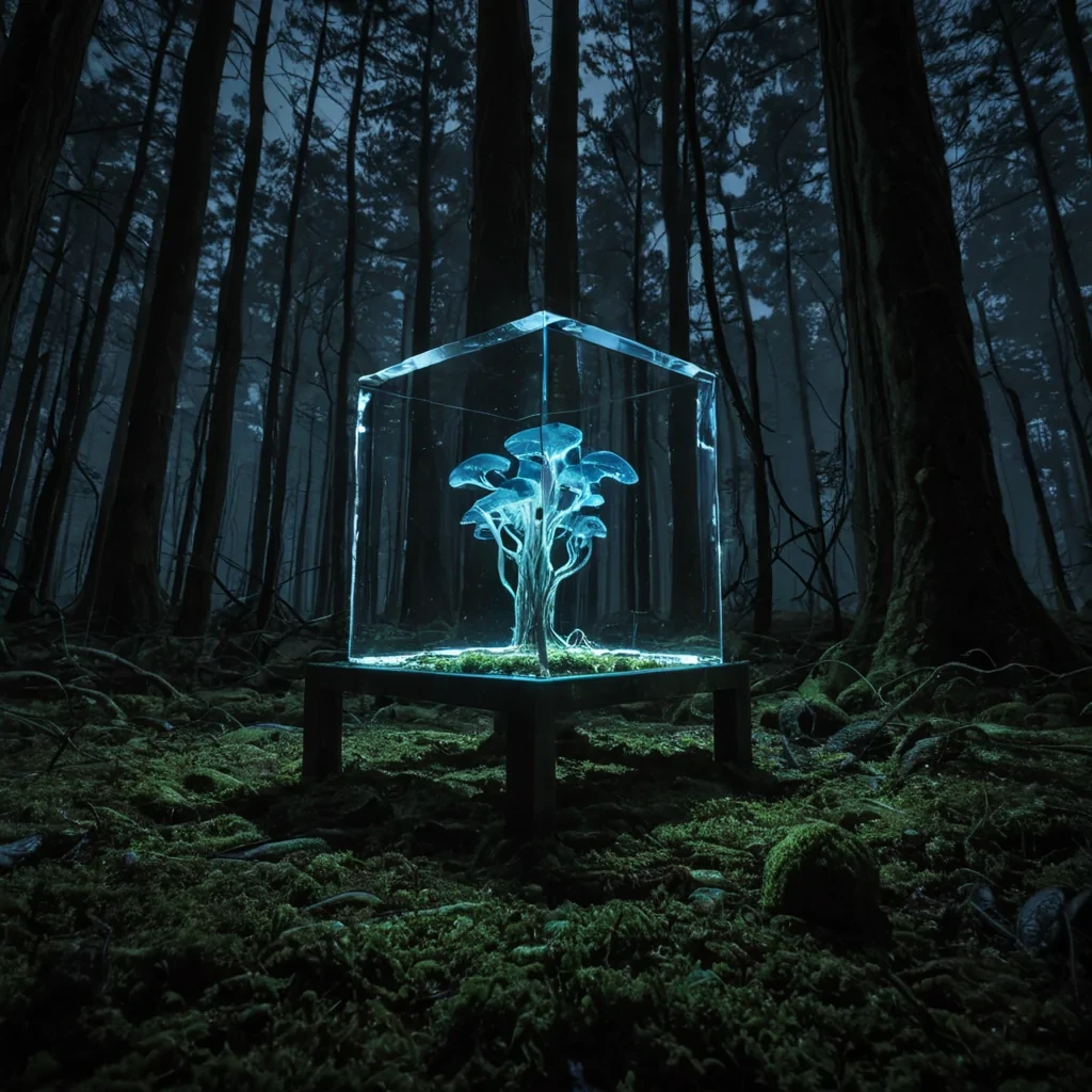 A photorealistic, lowangle shot from inside a dense, bioluminescent fungal forest on a moonless night. The trees are not woody but composed of towering, translucent, ribbed chitin columns that pulse with a slow, deep indigo rhythm. The ground is a seamless, soft carpet of moss that glows in faint shades of pale green. In the center of the frame, a single, perfectly geometric, floating cube made of polished obsidian hovers three feet above the ground, rotating slowly. The cube is transparent, revealing a complex, frozen storm of silver lightning trapped inside its core. The lighting is dominated by the cool, ethereal glow of the fungi and the sharp, electric flash from within the cube
