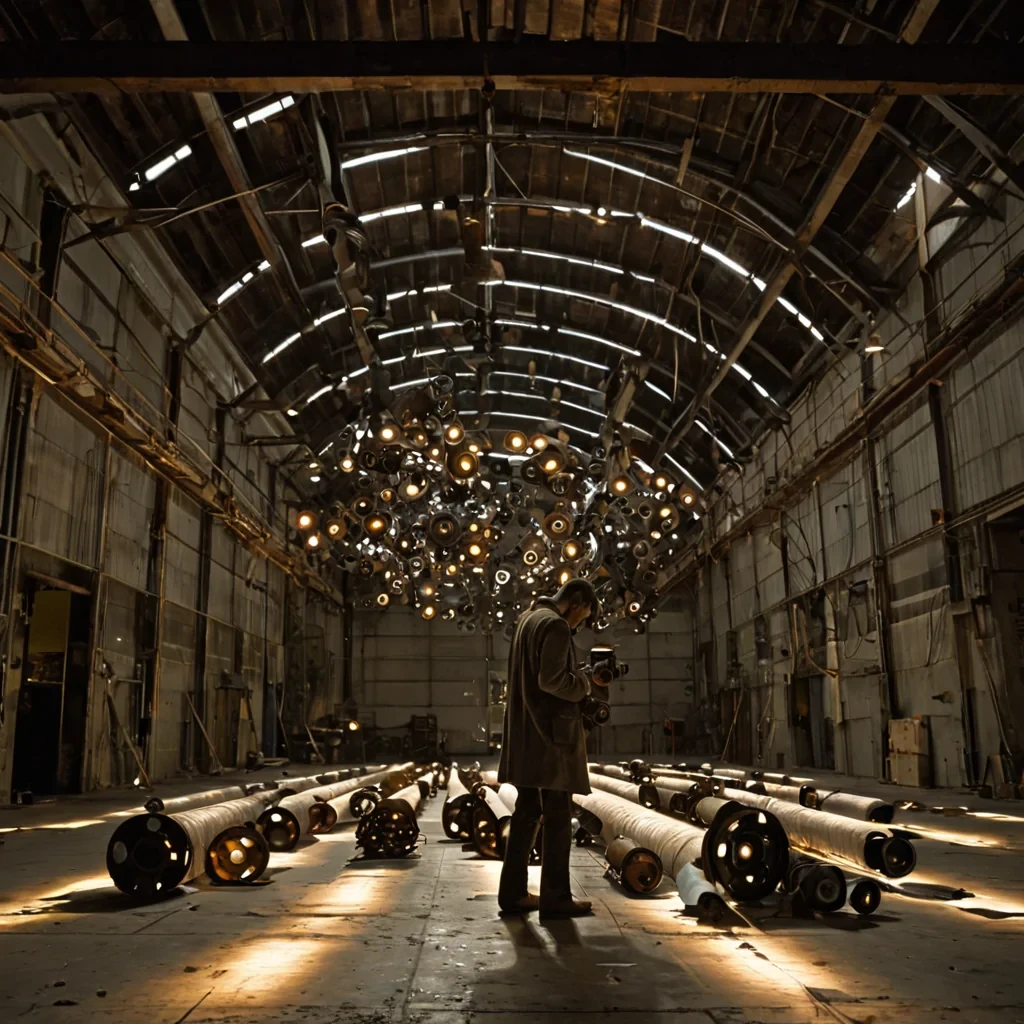 A horizontal, eyelevel medium shot of a vast, industrial interior space constructed from corrugated, rusted iron plates and exposed, intricate brass piping, illuminated by the harsh, directional beam of a single overhead sodiumvapor lamp. Suspended from the high, arched ceiling is a massive, horizontal array of antique film reels made of translucent, sepiatoned celluloid, each reel spinning slowly to project fragmented, glowing frames of abstract geometric patterns onto the dusty concrete floor below. The floor is scattered with discarded, vintage camera lenses of various sizes, their glass elements catching the amber light and creating sharp, circular reflections. In the foreground, a solitary figure wearing a heavy, textured wool coat in a muted slate grey stands still, their face
