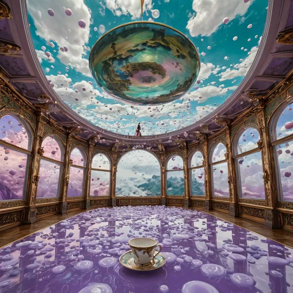 A horizontal, eyelevel wide shot of a vast, floating bazaar suspended within the turbulent, iridescent interior of a colossal, hollowedout soap bubble, where the walls are a shifting mosaic of pastel pink, mint green, and lavender hues that ripple with every gust of wind. The floor is a seamless, transparent platform of stretched latex that stretches taut over the abyss below, revealing glimpses of swirling clouds far beneath. Suspended from the curved ceiling are thousands of delicate, porcelain teacups filled with steaming, liquid gold that defies gravity, each cup adorned with intricate, handpainted landscapes of fictional islands. In the center, a figure wearing a voluminous, asymmetrical gown woven from shimmering, metallic threads and